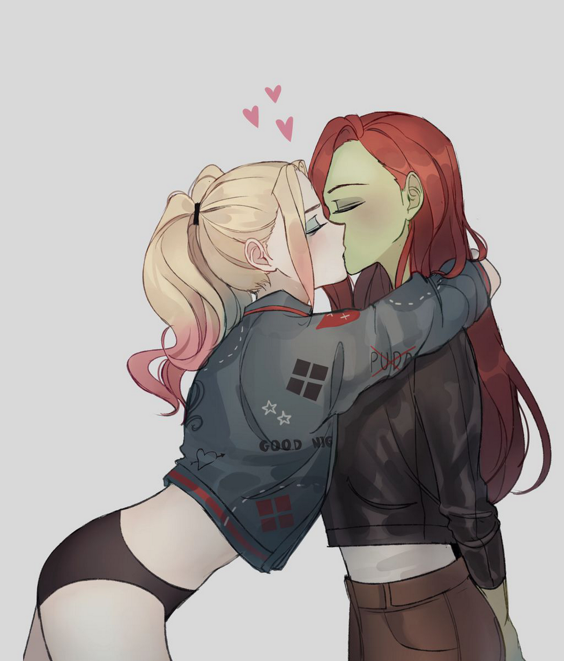 Anime 1100x1289 Harley Quinn Poison Ivy lesbians kissing heart panties
