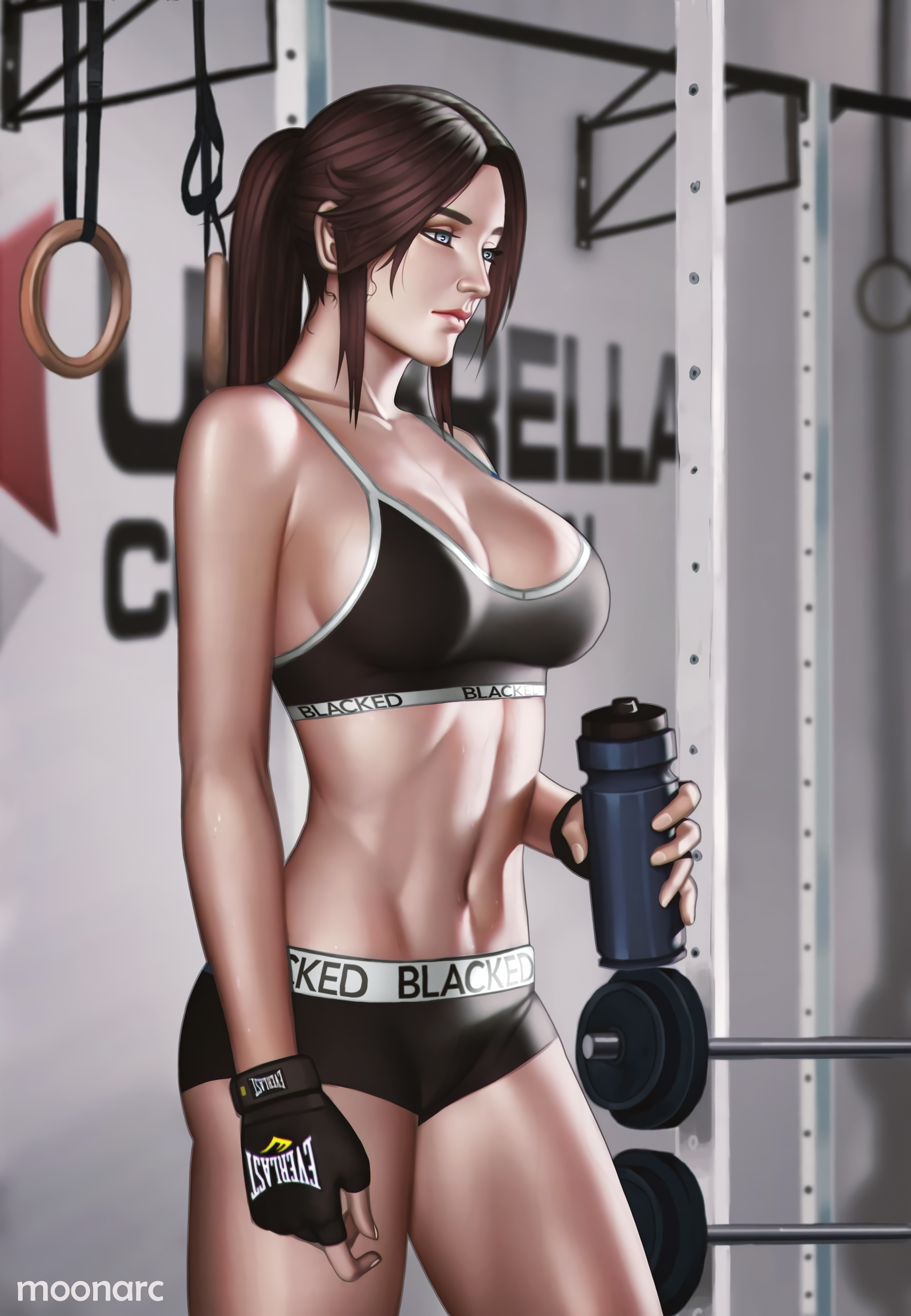 Anime 1800x2602 video game art video game characters Jill Valentine Resident Evil sport sportswear gym equipment standing Umbrella Corporation brunette moonarc fitness model Blacked blacked clothes