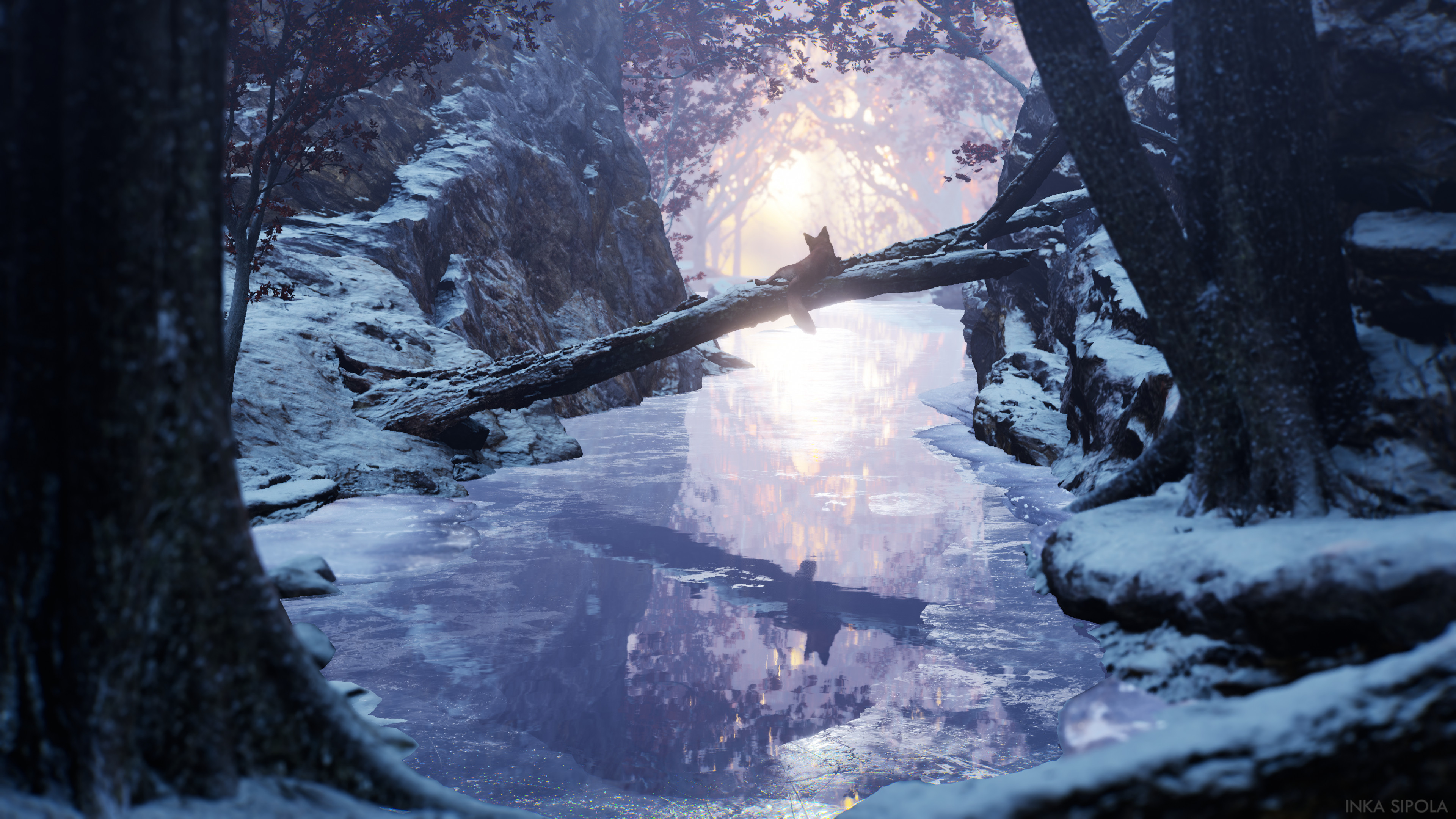 General 3840x2160 fox artwork forest nature reflection snow trees