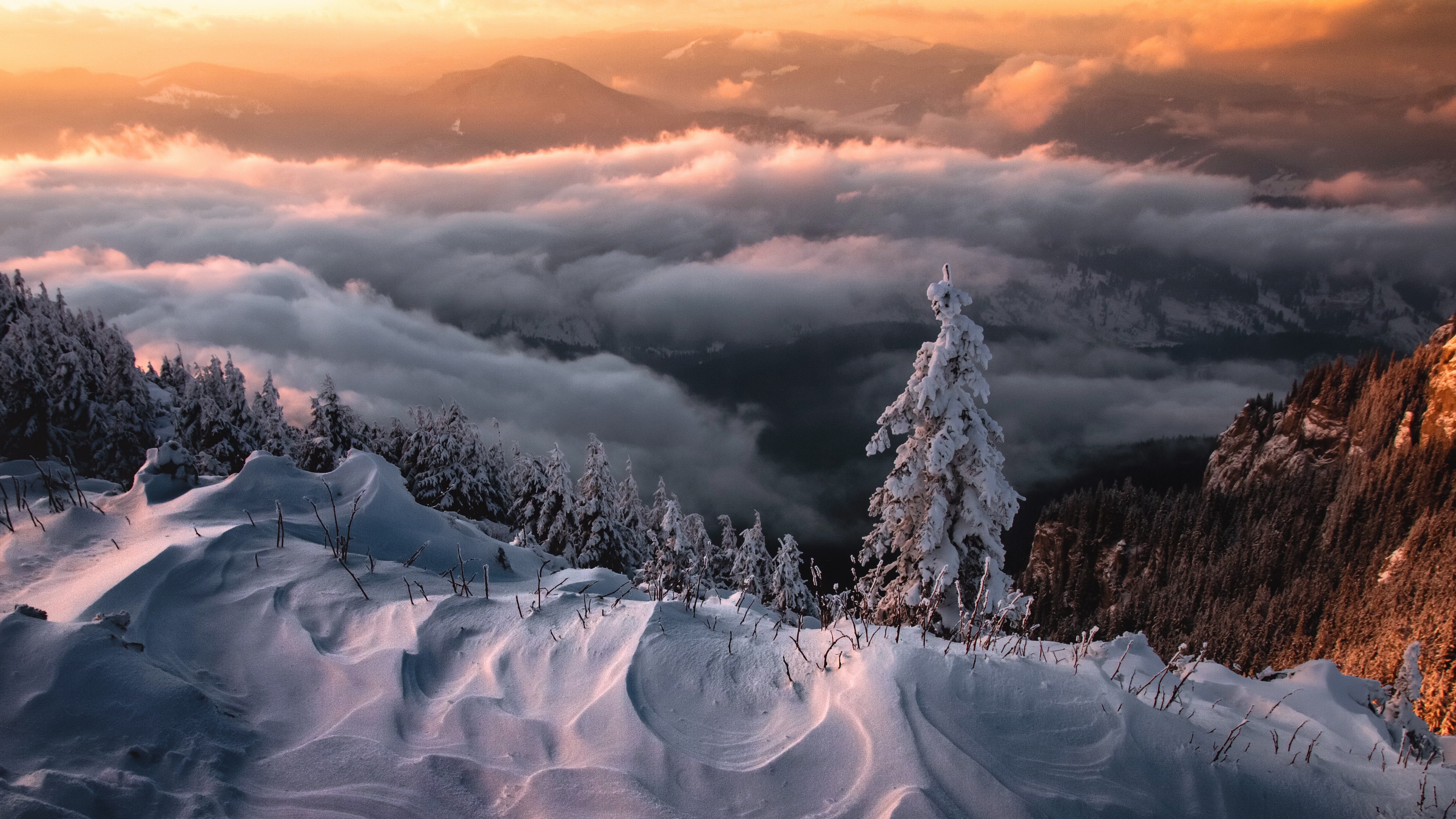 General 3840x2160 nature landscape winter ice snow cold outdoors trees clouds orange sky mountains
