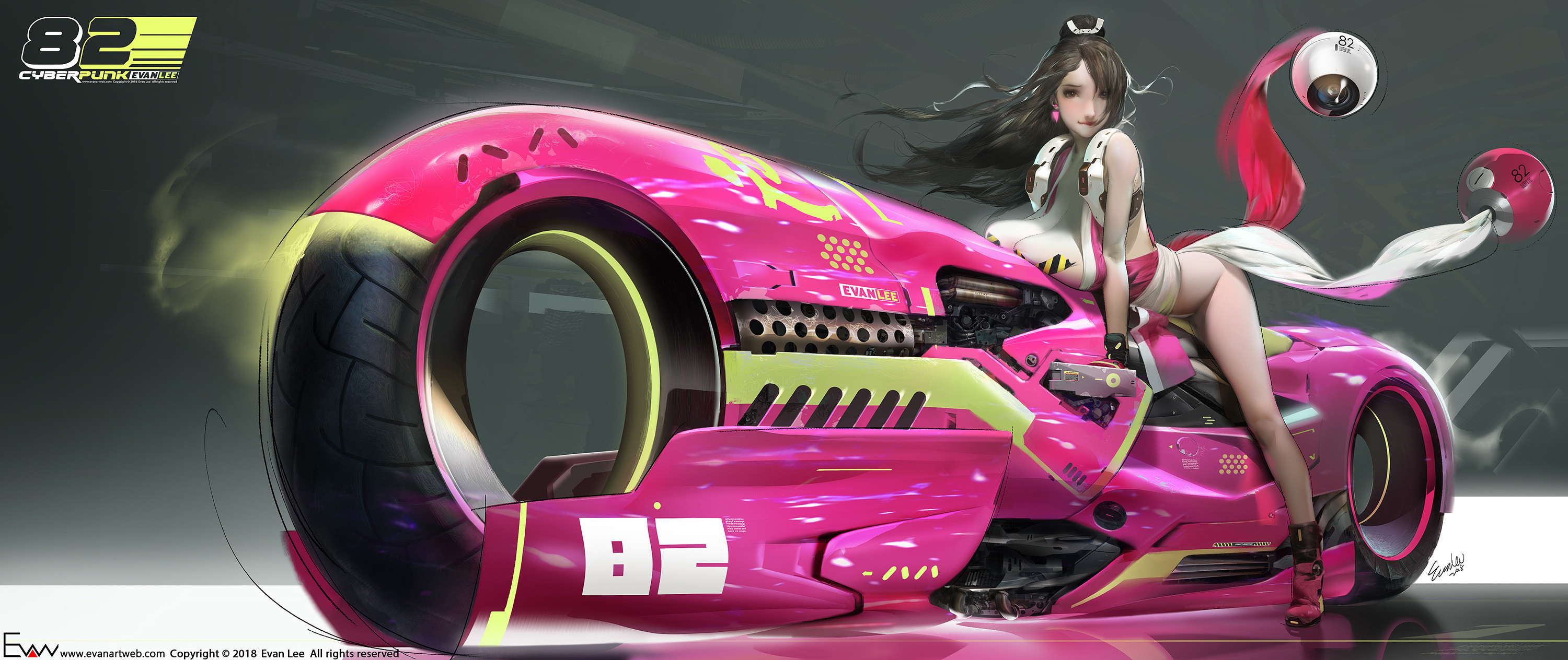 Anime 3000x1264 anime girls anime original characters Evan Lee motorcycle ArtStation big boobs long hair cyberpunk