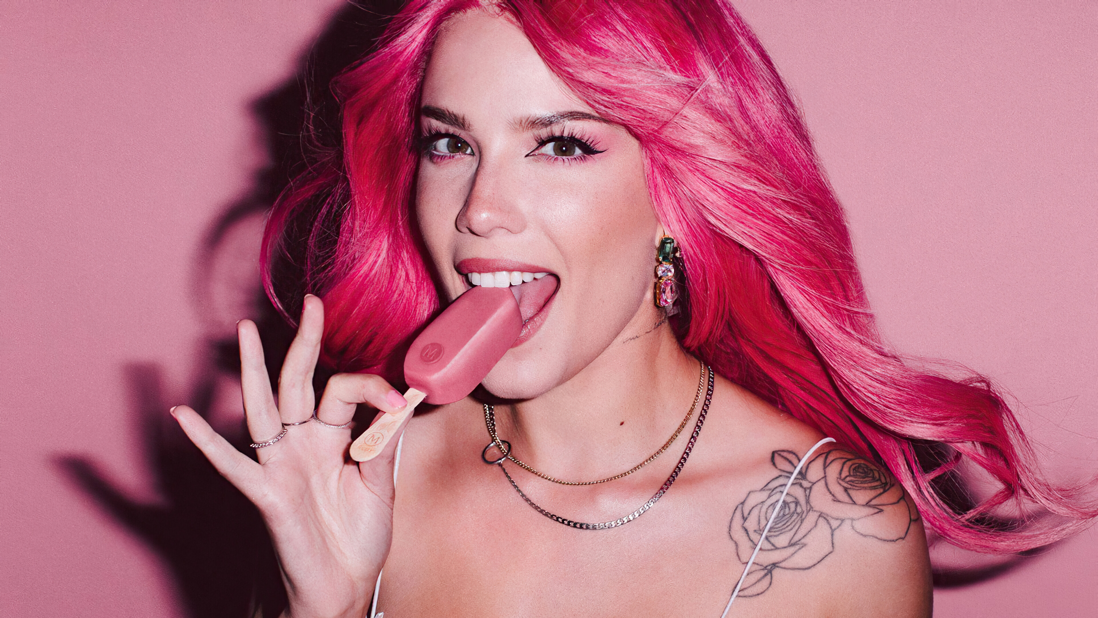 People 3840x2160 Halsey Magnum Ice Cream (Food) singer pink tattoo women pink hair celebrity