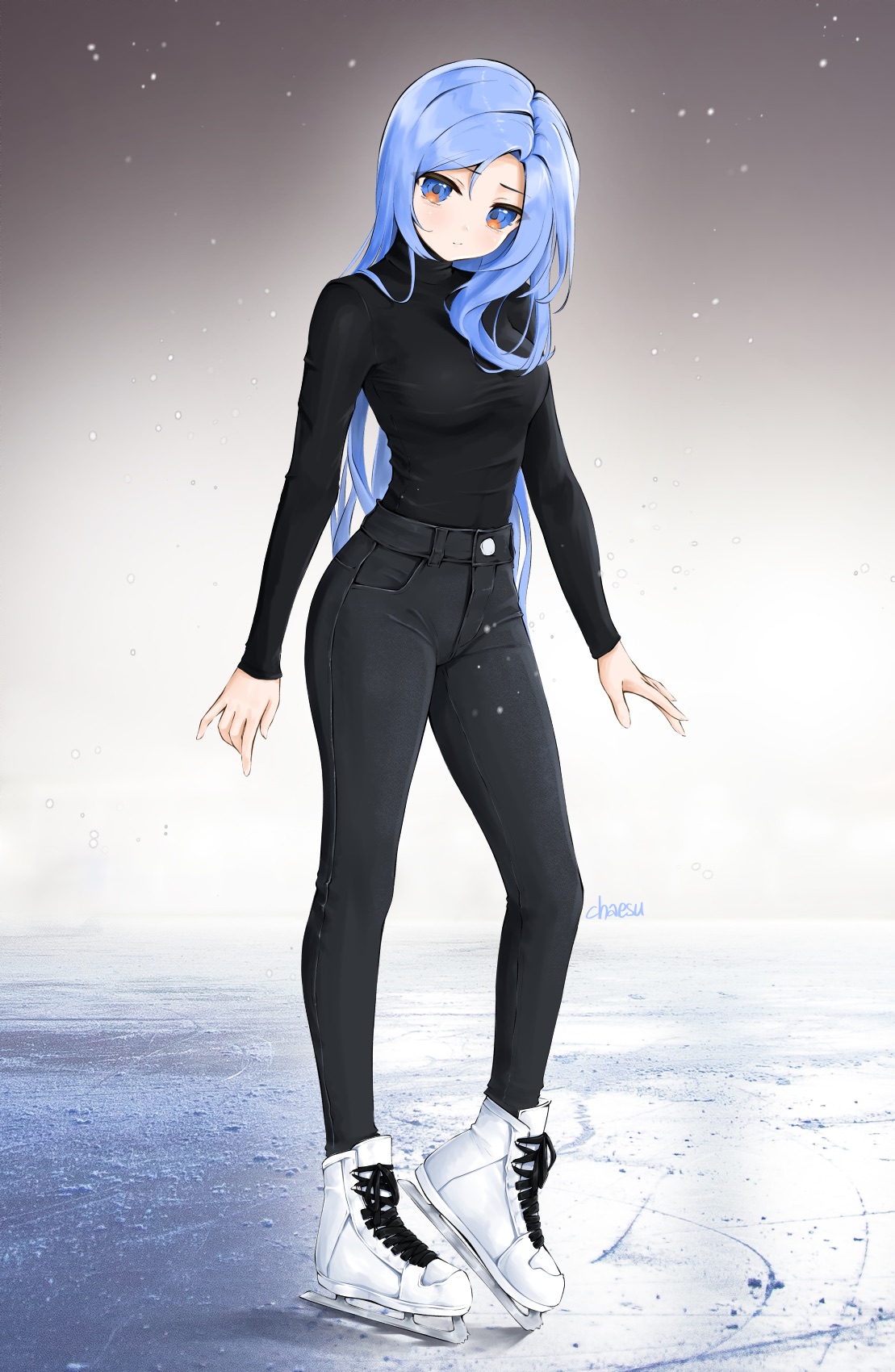 Anime 1109x1700 anime anime girls digital art 2D black pants black shirt ice skate Chaesu blue hair