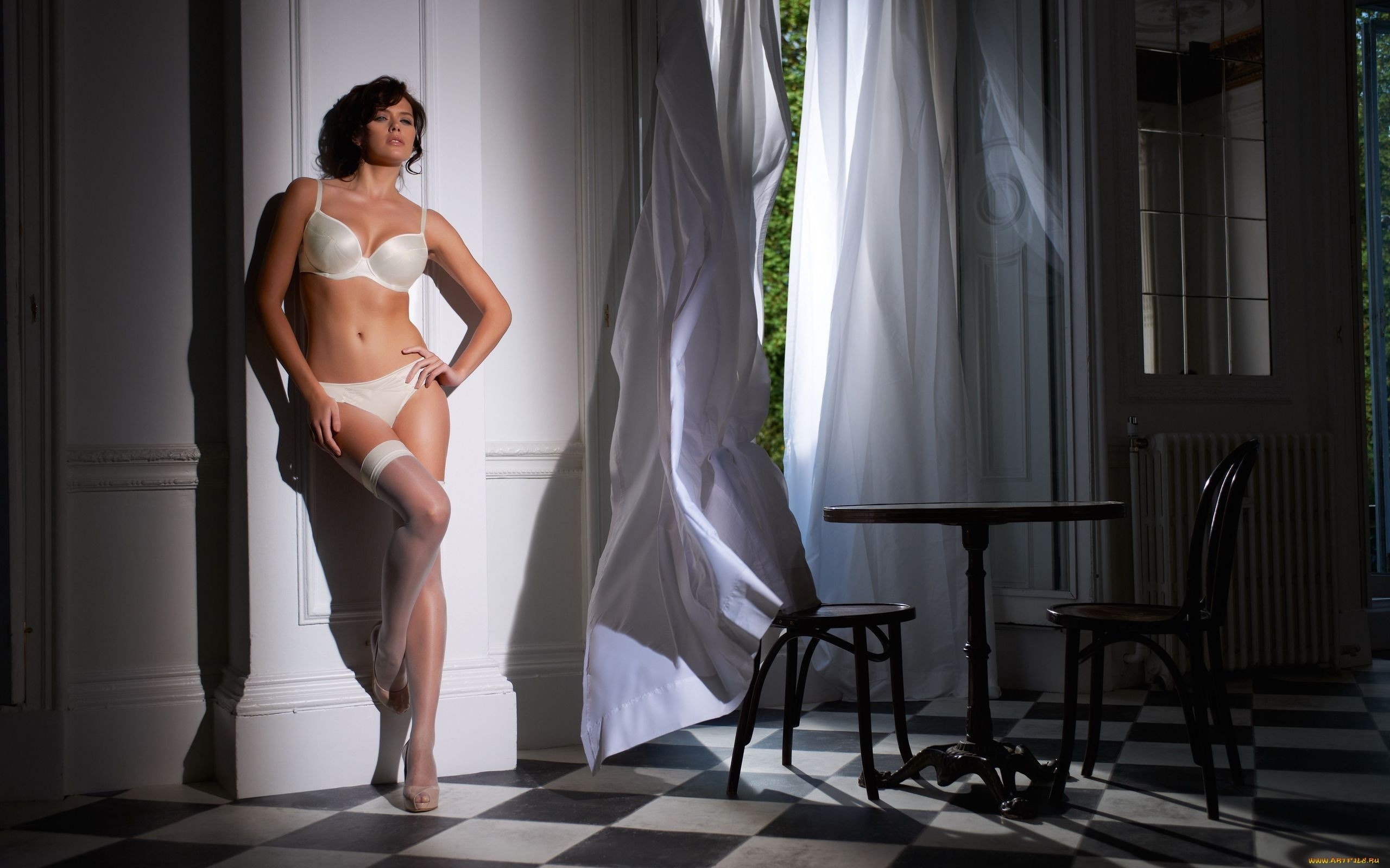 People 2560x1600 Natalia Belova lingerie women brunette white lingerie model women indoors white stockings