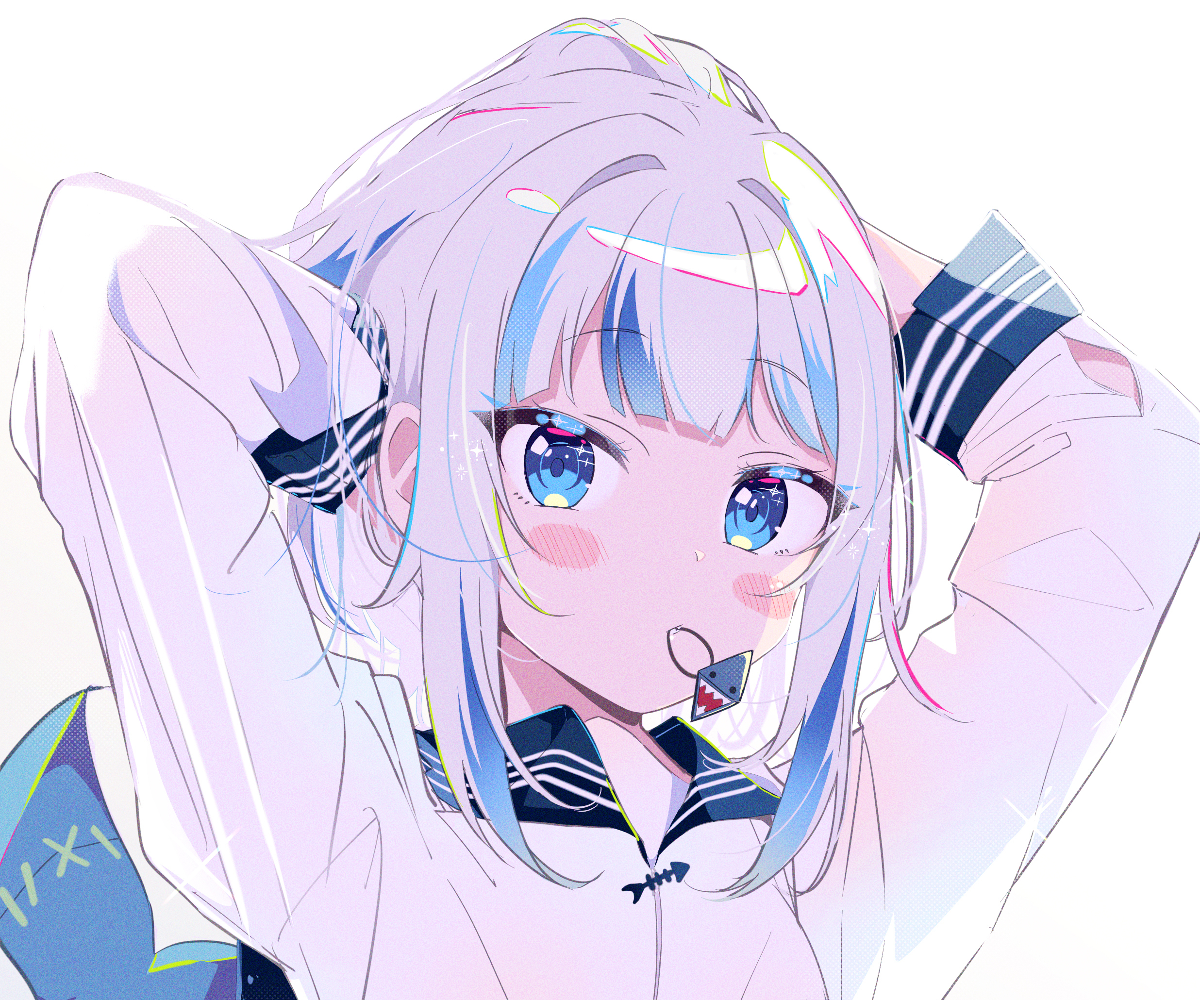 Anime 2472x2060 Virtual Youtuber Gawr Gura white hair blue eyes school uniform hands in hair blushing looking at viewer Hololive