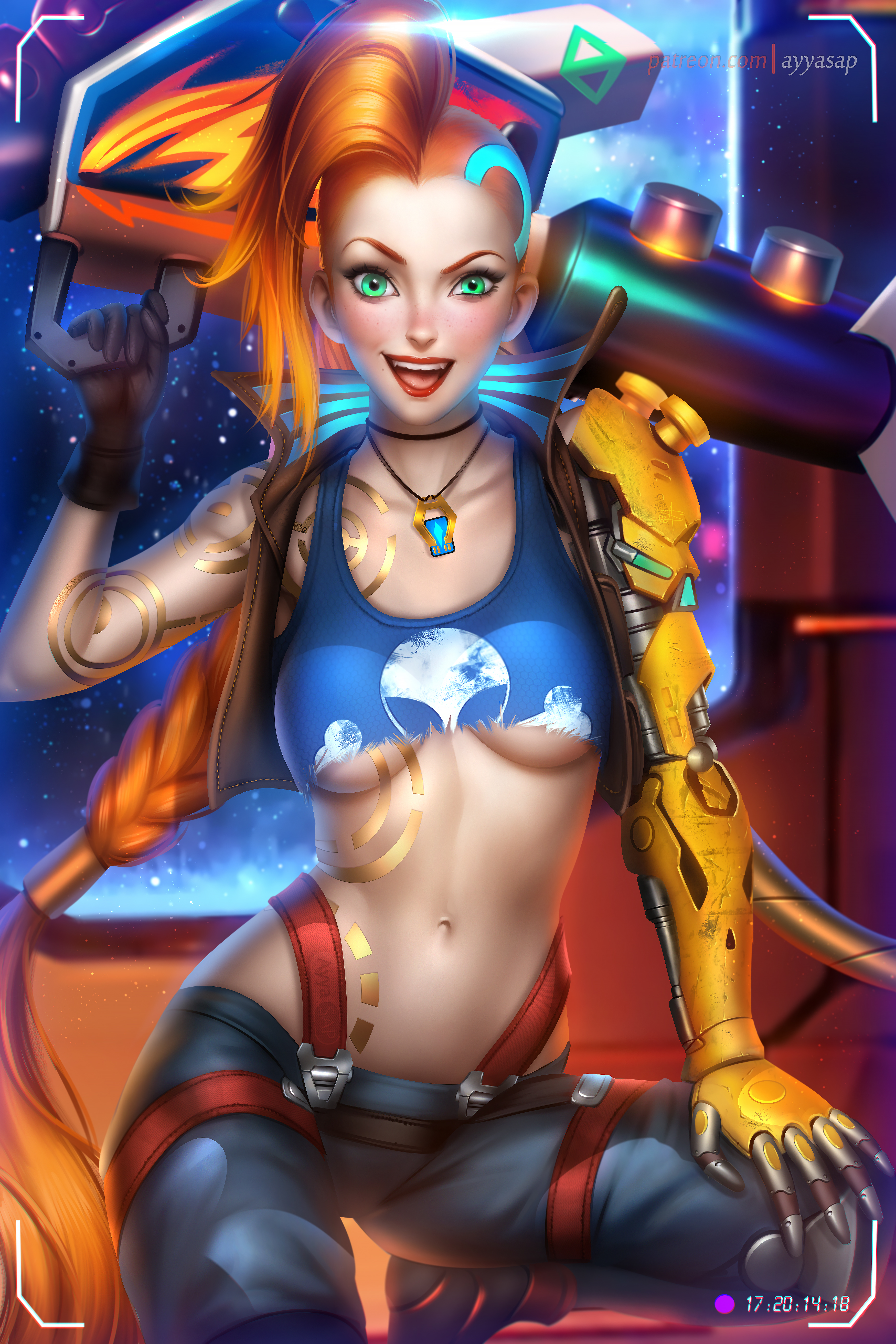General 3500x5250 Jinx (League of Legends) green eyes futuristic long hair robotic arm League of Legends weapon cyborg portrait display open mouth illustration Arcane frontal view patreon super villain fan art Ayya Saparniyazova Riot Games video games video game characters