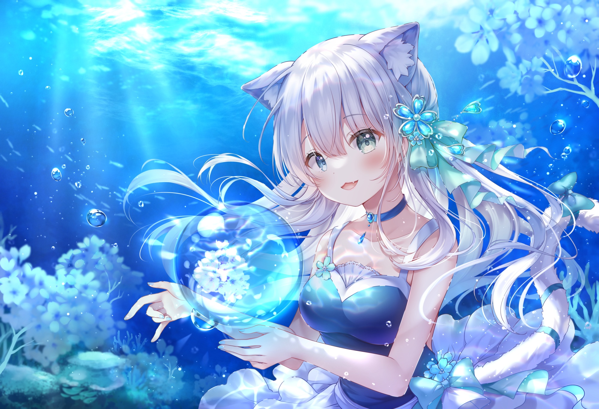 Anime 2000x1366 anime anime girls animal ears choker tail cat girl dress underwater silver hair heterochromia Sakura Moyon