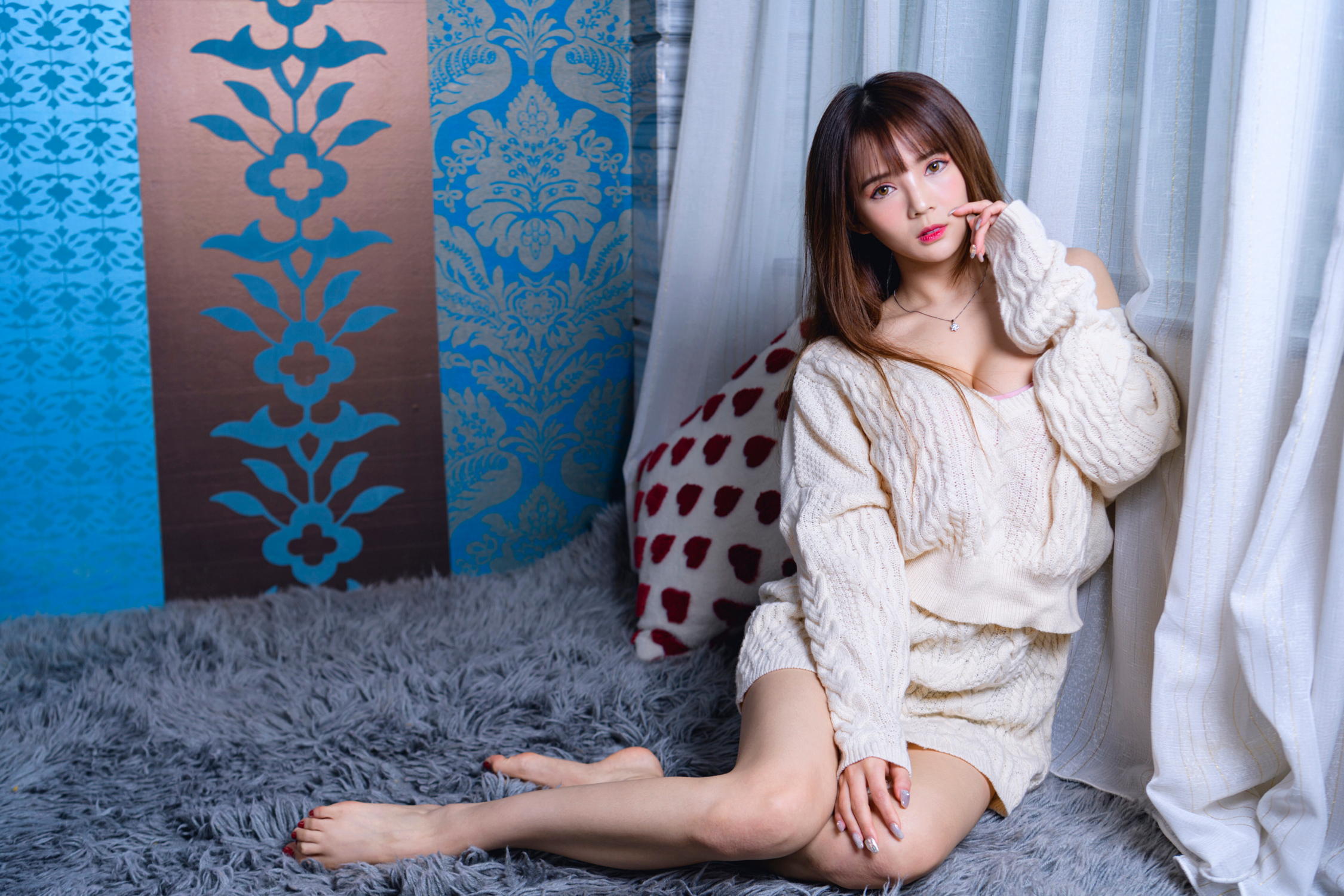 People 2250x1500 Asian model women long hair dark hair sitting carpet pillow curtains barefoot pullover necklace cleavage skirt