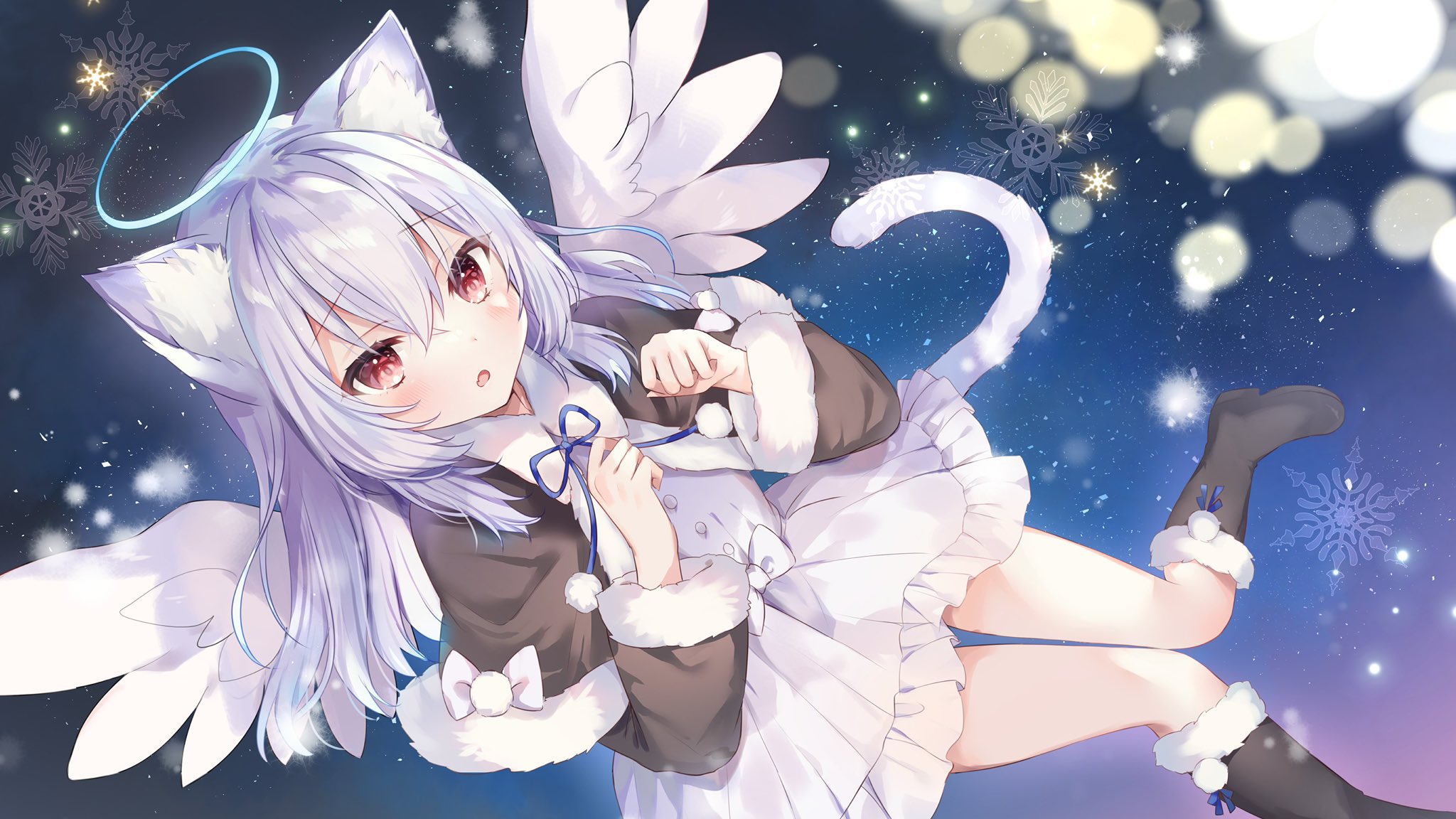 Anime 2048x1152 anime anime girls Rucaco artwork cat girl angel girl silver hair red eyes snowflakes
