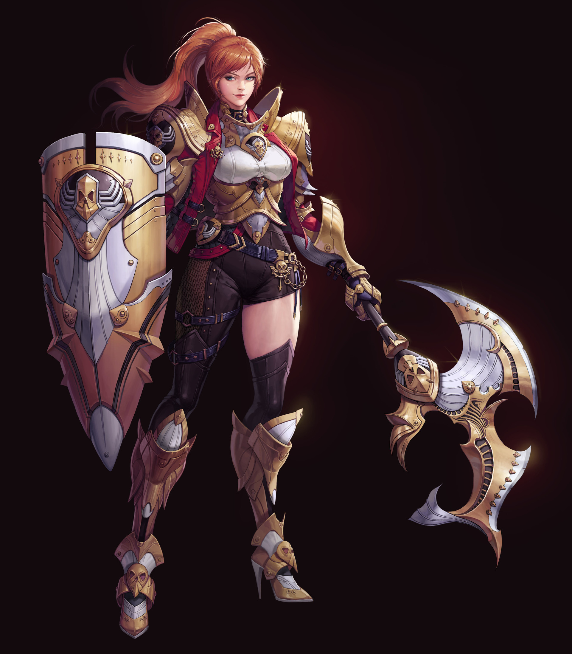 General 1920x2194 Minsook An drawing women warrior redhead ponytail armor axes shield simple background