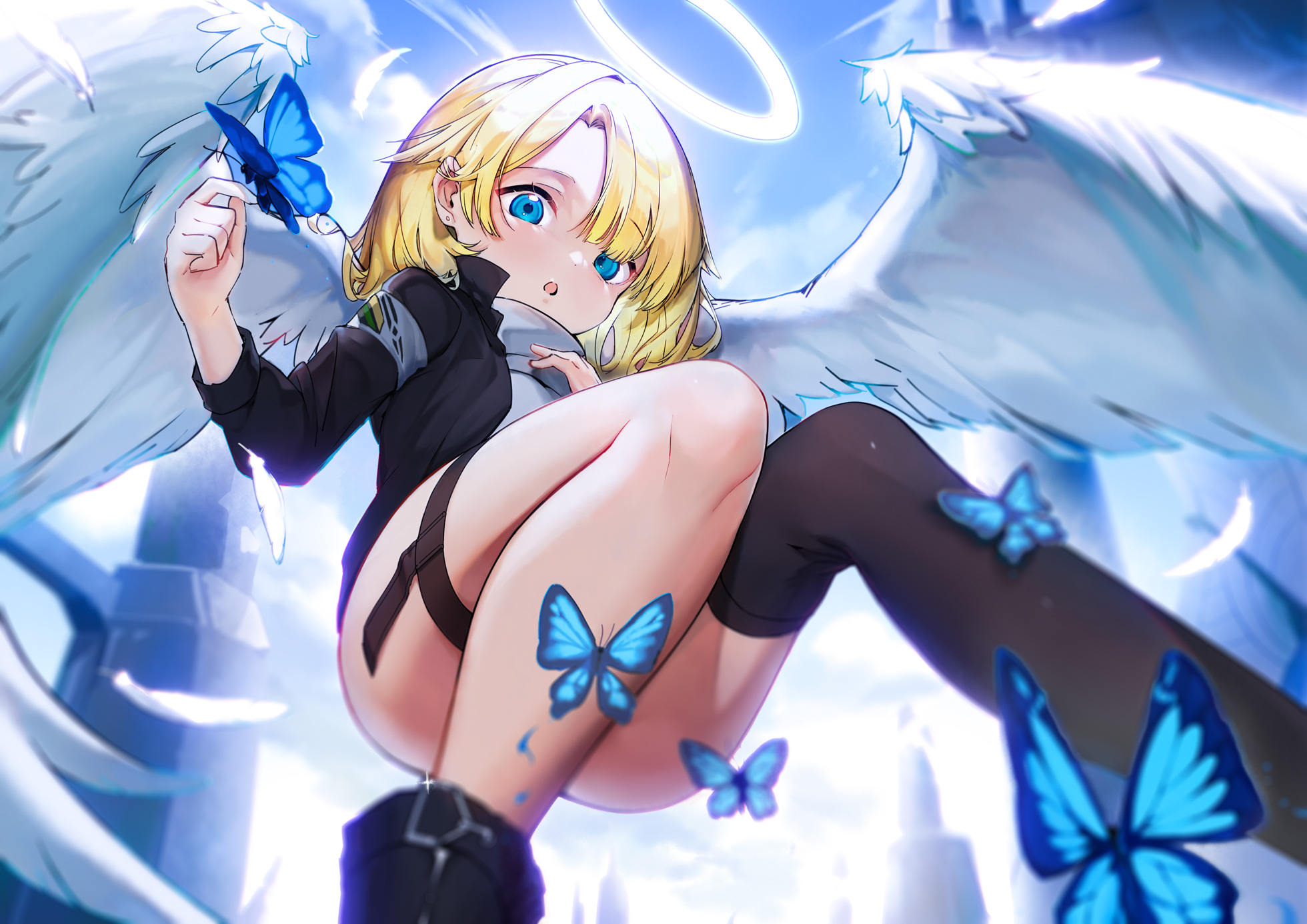 Anime 1960x1386 anime anime girls Dingding Tu artwork angel angel girl halo wings blonde blue eyes