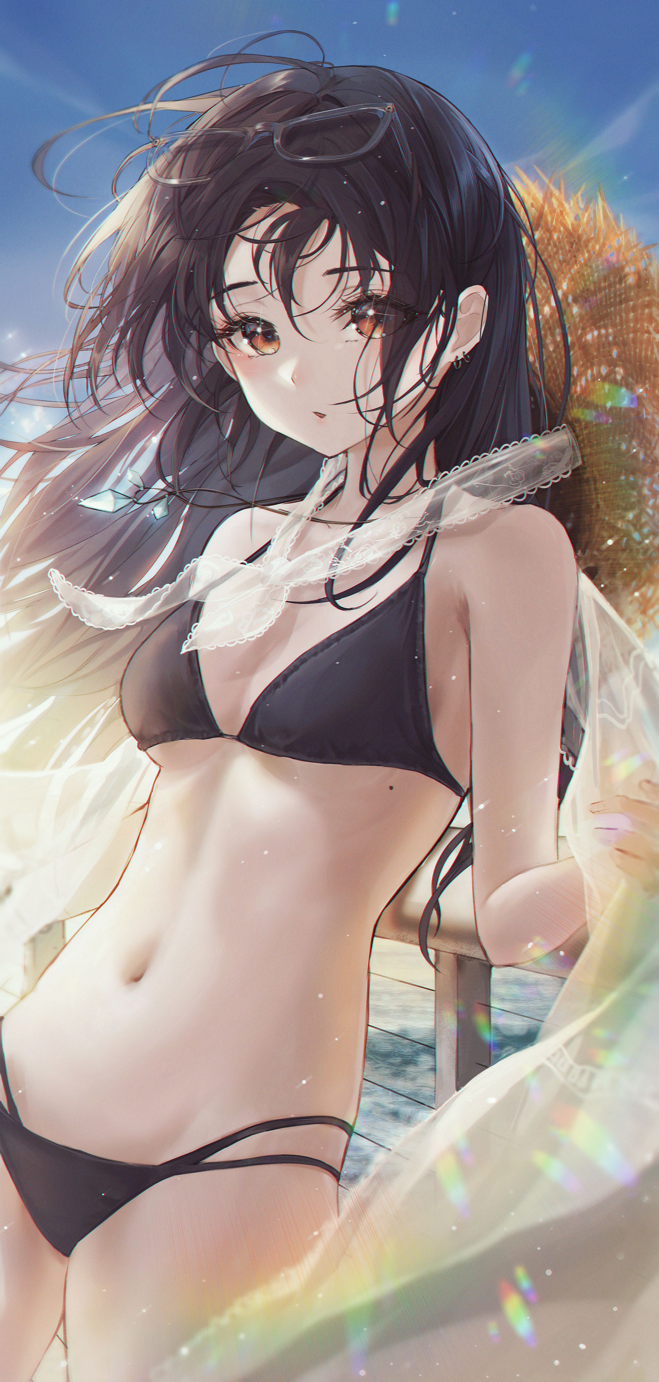 Anime 2262x4745 anime anime girls black bikinis dark hair brown eyes straw hat bikini belly artwork Bbeedol