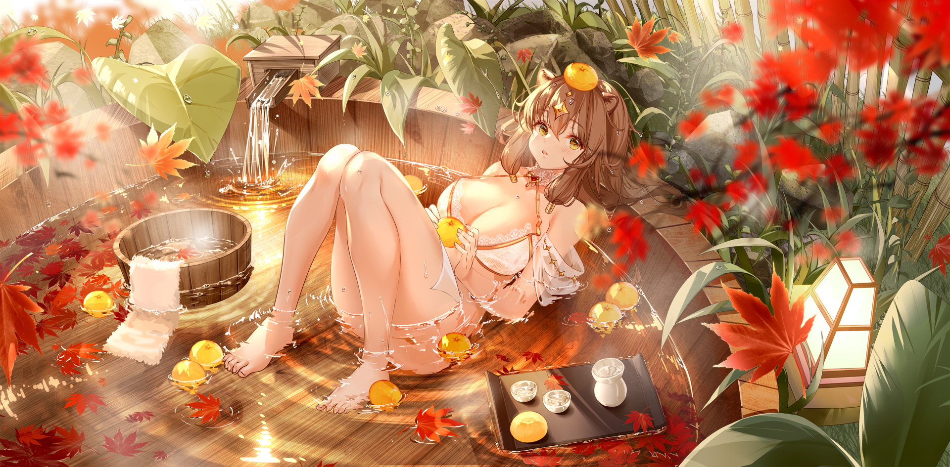 Anime 1920x945 anime anime girls hot tub bathing underwear cleavage big boobs animal ears brunette yellow eyes fall Red: Pride of Eden artwork Clouble