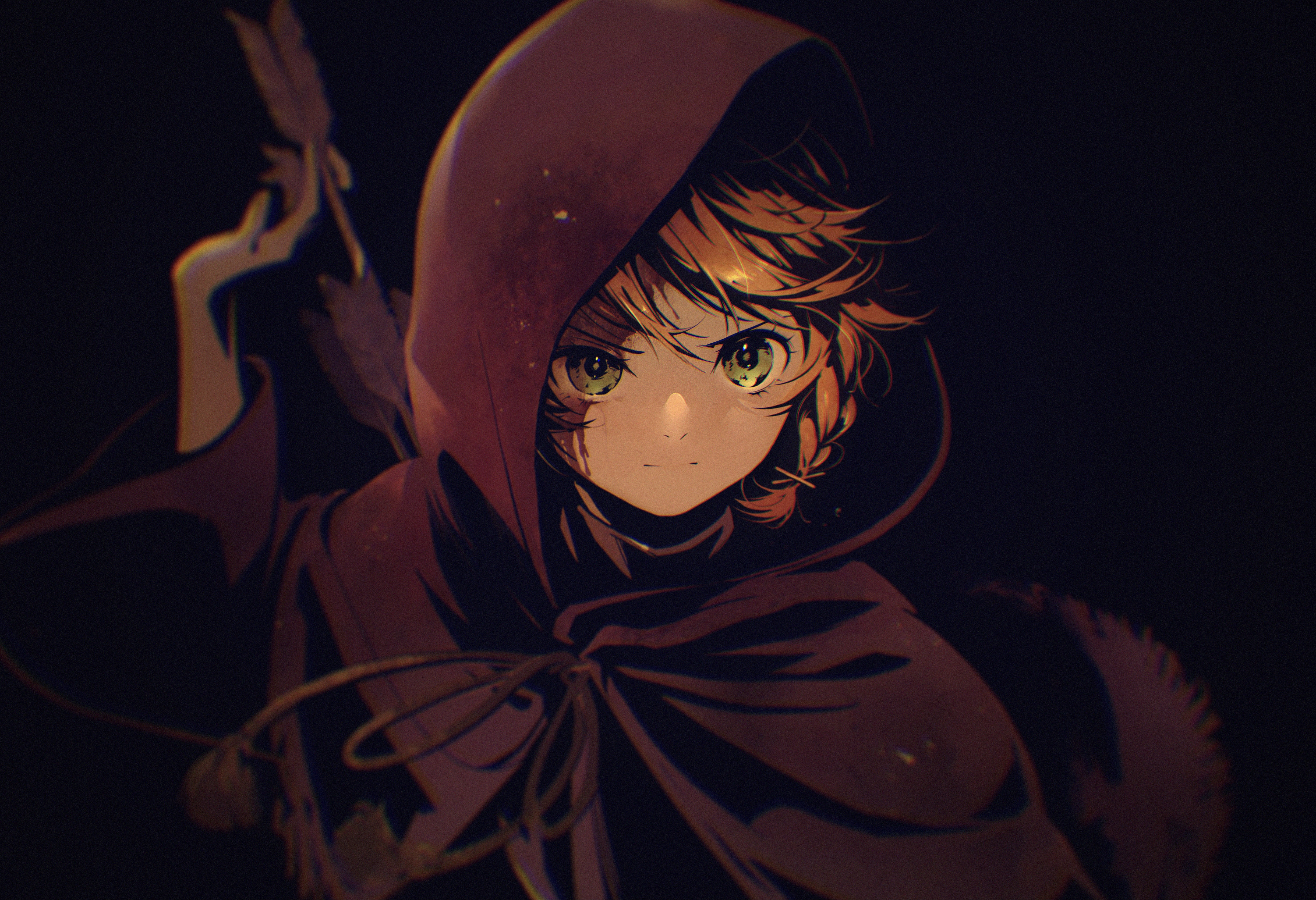 Anime 4892x3347 anime anime girls cape green eyes redhead bow scars arrows black background short hair Emma (The Promised Neverland) The Promised Neverland