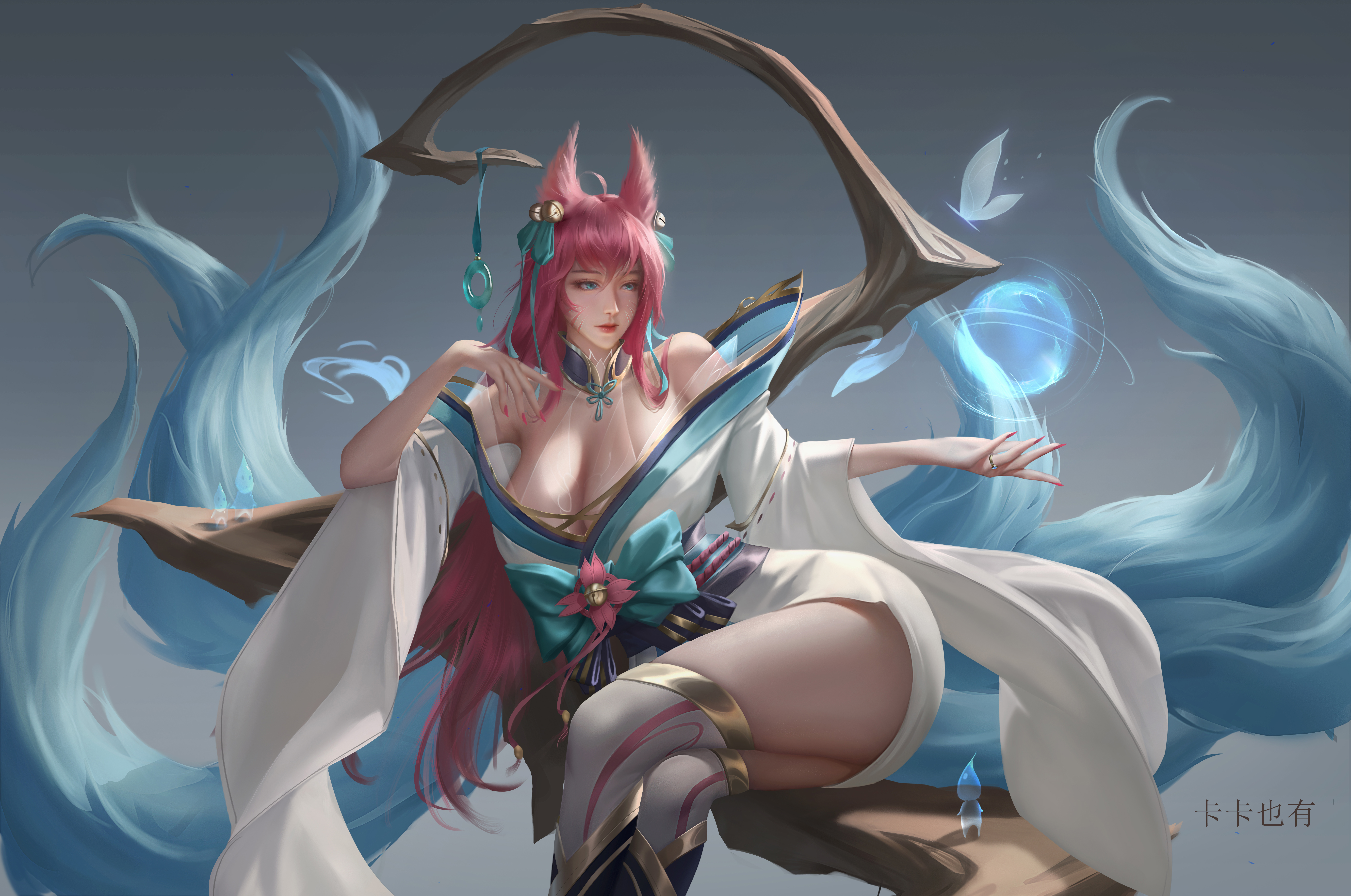 General 8189x5433 League of Legends video games video game girls video game characters fantasy girl fictional character fox girl nine tails pink hair bangs blue eyes cleavage kimono sitting thick thigh curvy fantasy art artwork 2D illustration drawing fan art