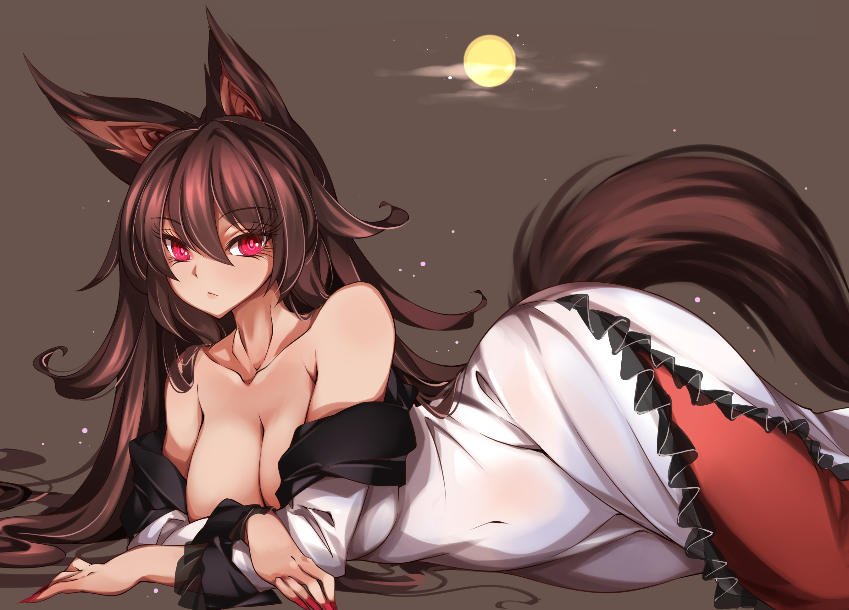 Anime 2700x1940 artwork cleavage big boobs brunette red eyes animal ears tail anime girls wide hips curvy