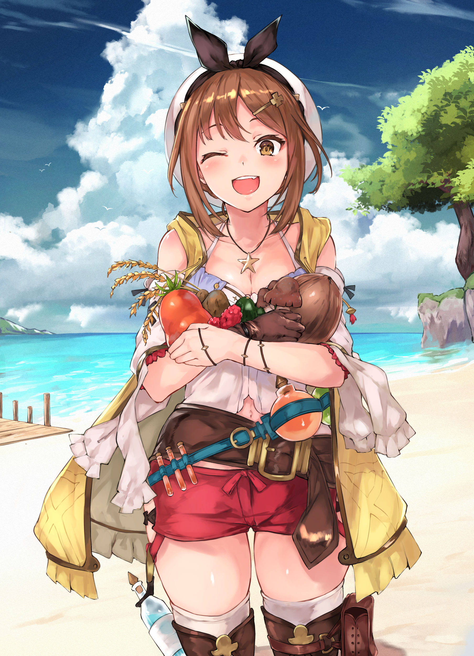Anime 1808x2500 cleavage thigh-highs brunette brown eyes wink open mouth short shorts beach anime girls Maki (Artist) Atelier Atelier Ryza Reisalin Stout thick thigh