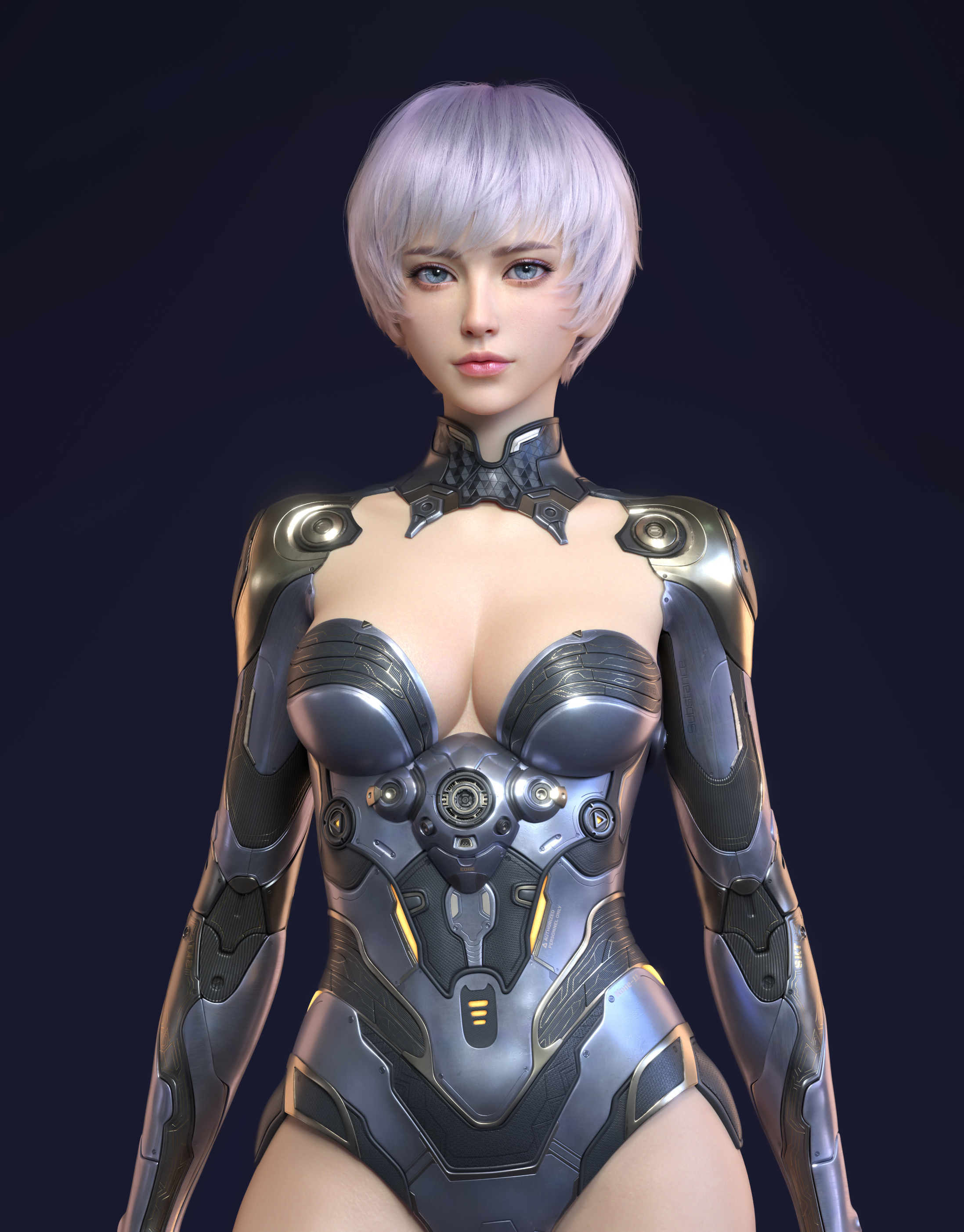 General 2195x2803 Huifeng Huang CGI women androids short hair purple hair bangs blue eyes cleavage simple background