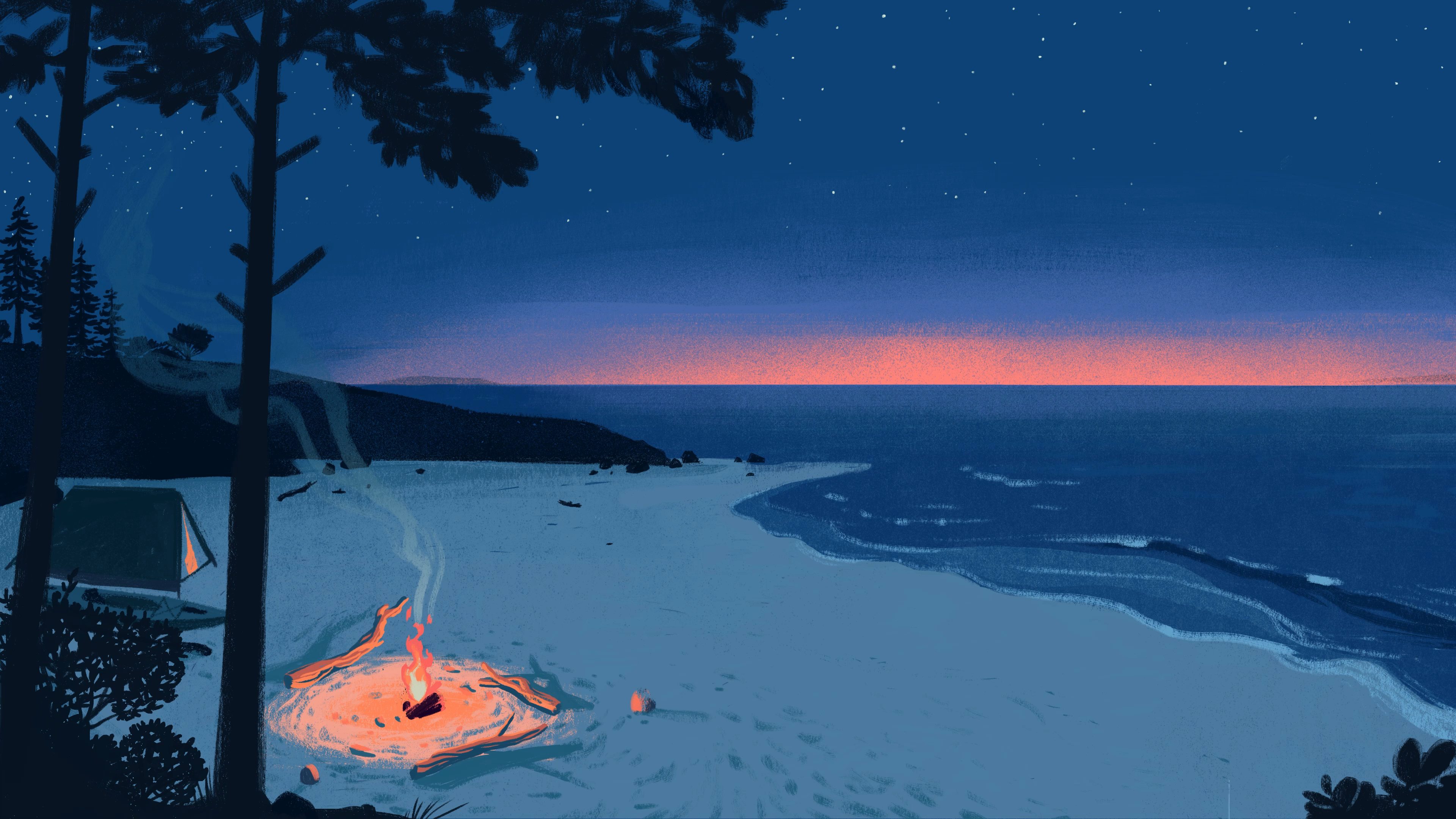 General 3840x2160 sea beach tent campfire sunset Genevieve Lacroix sand water digital painting stars artwork digital art