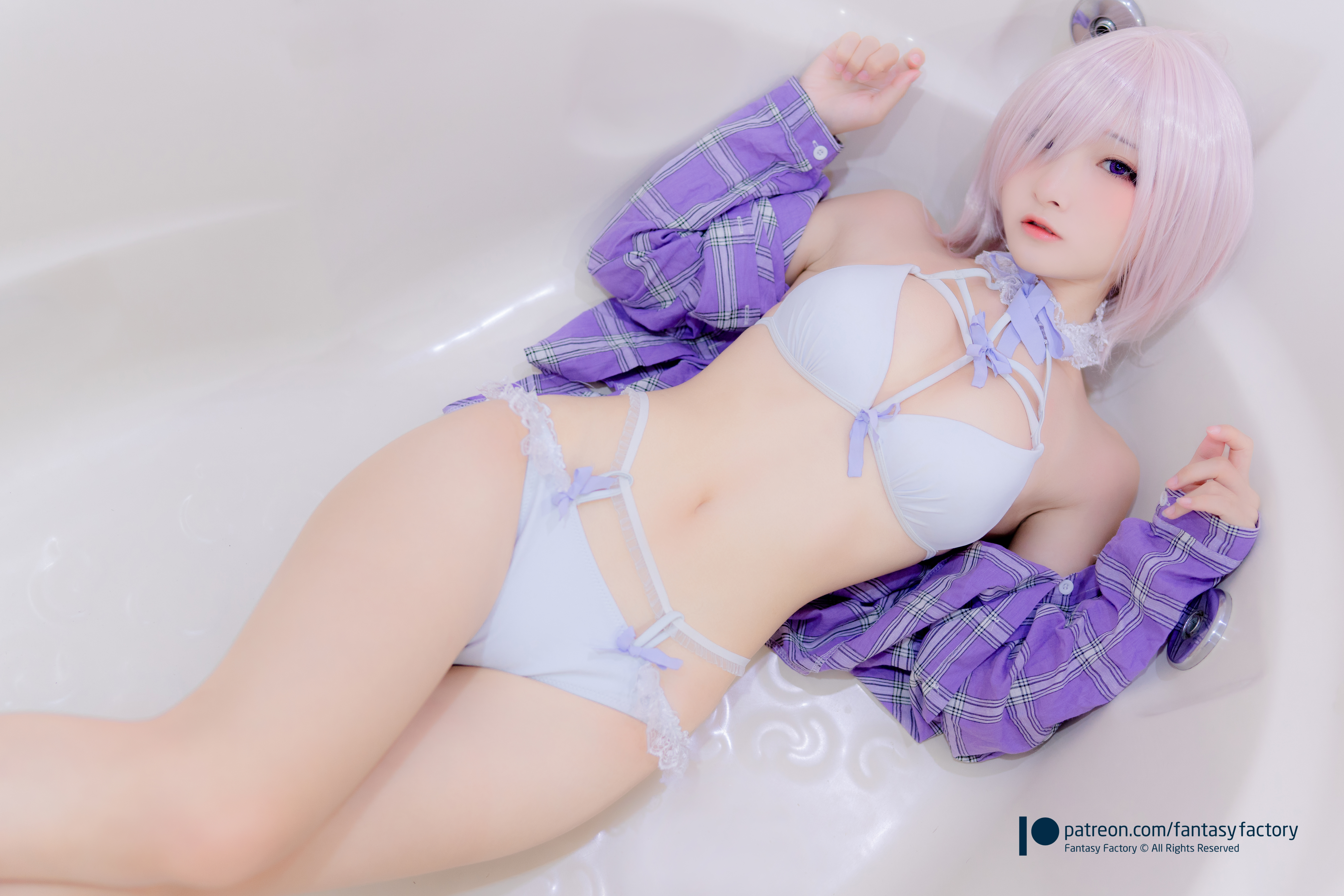 People 5961x3976 women model Asian cosplay Mash Kyrielight Fate/Grand Order Fate series shirt underwear bra belly lying on back bathtub looking at viewer indoors women indoors Fantasy Factory
