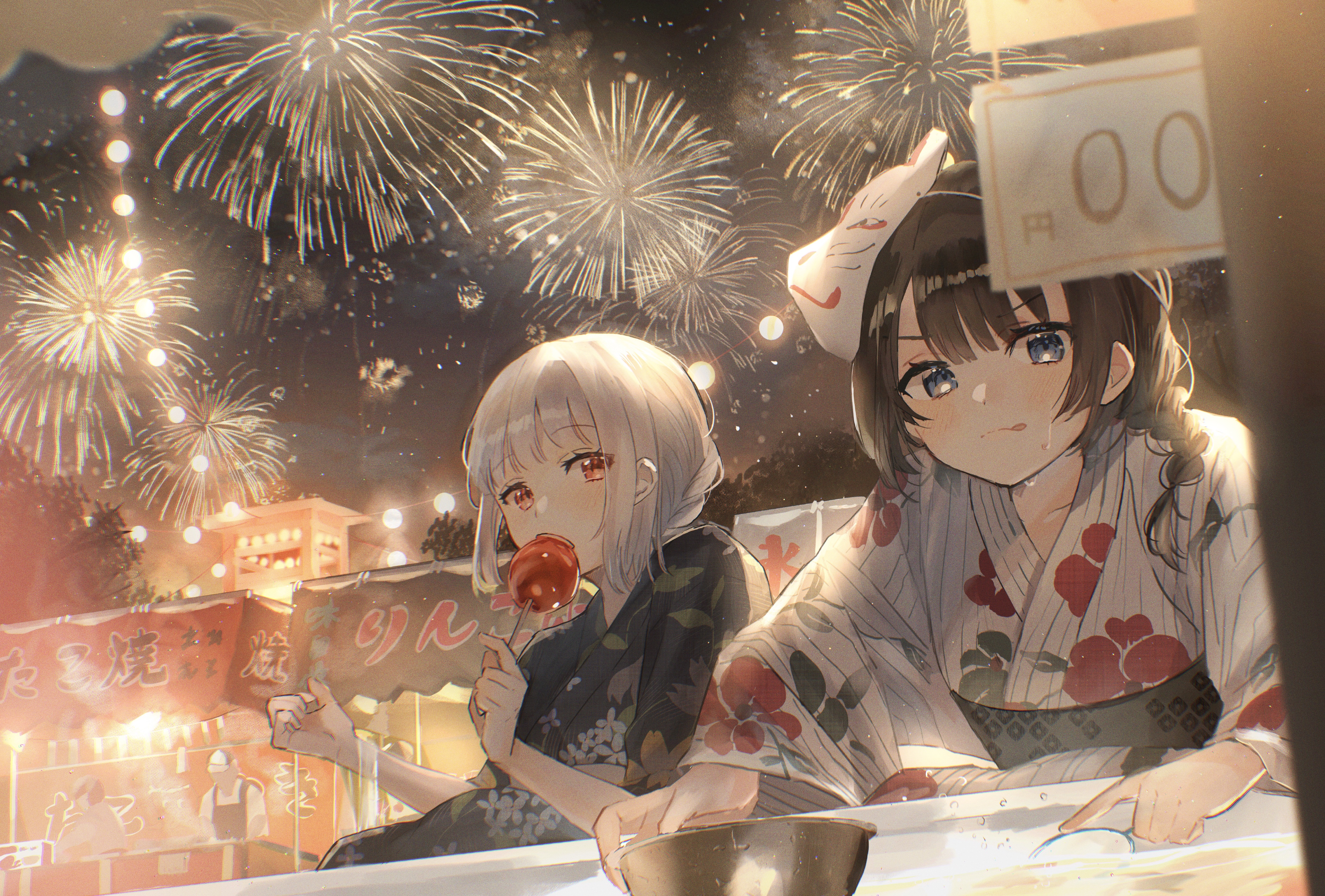 Anime 4094x2769 anime anime girls Oyuyu fireworks night Japanese clothes silver hair dark hair red eyes blue eyes sweets licking lips