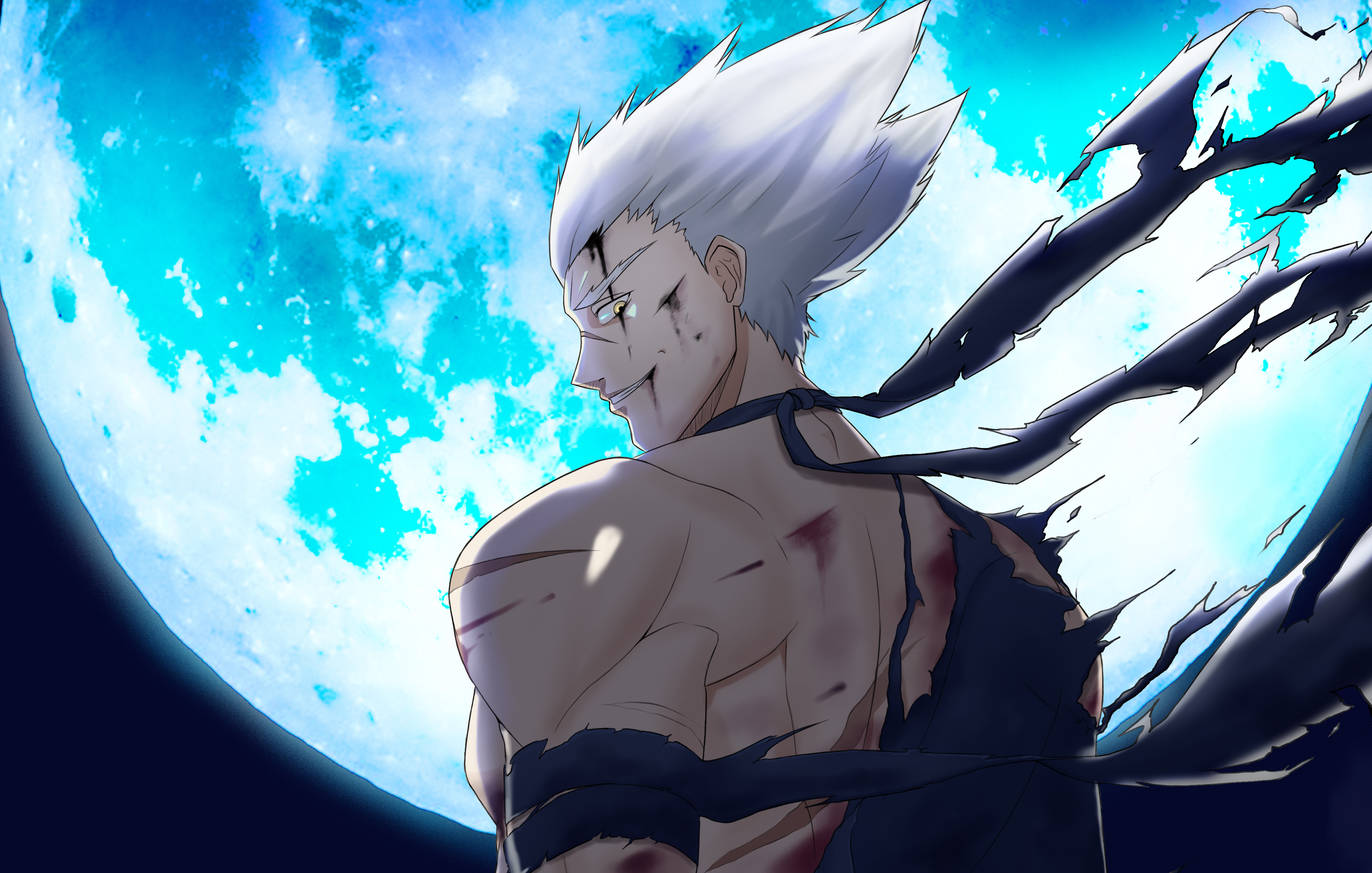 Anime 4000x2545 anime boys fighting anime wounds blood yellow eyes looking at viewer smiling white hair