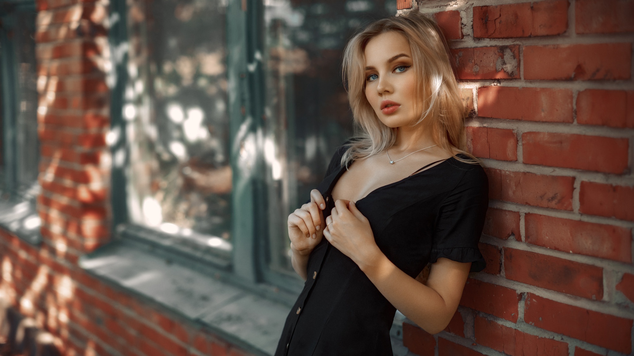 People 2048x1152 Andrey Metelkov model women blonde blue eyes lipstick red lipstick parted lips dress necklace wall bricks window looking at viewer