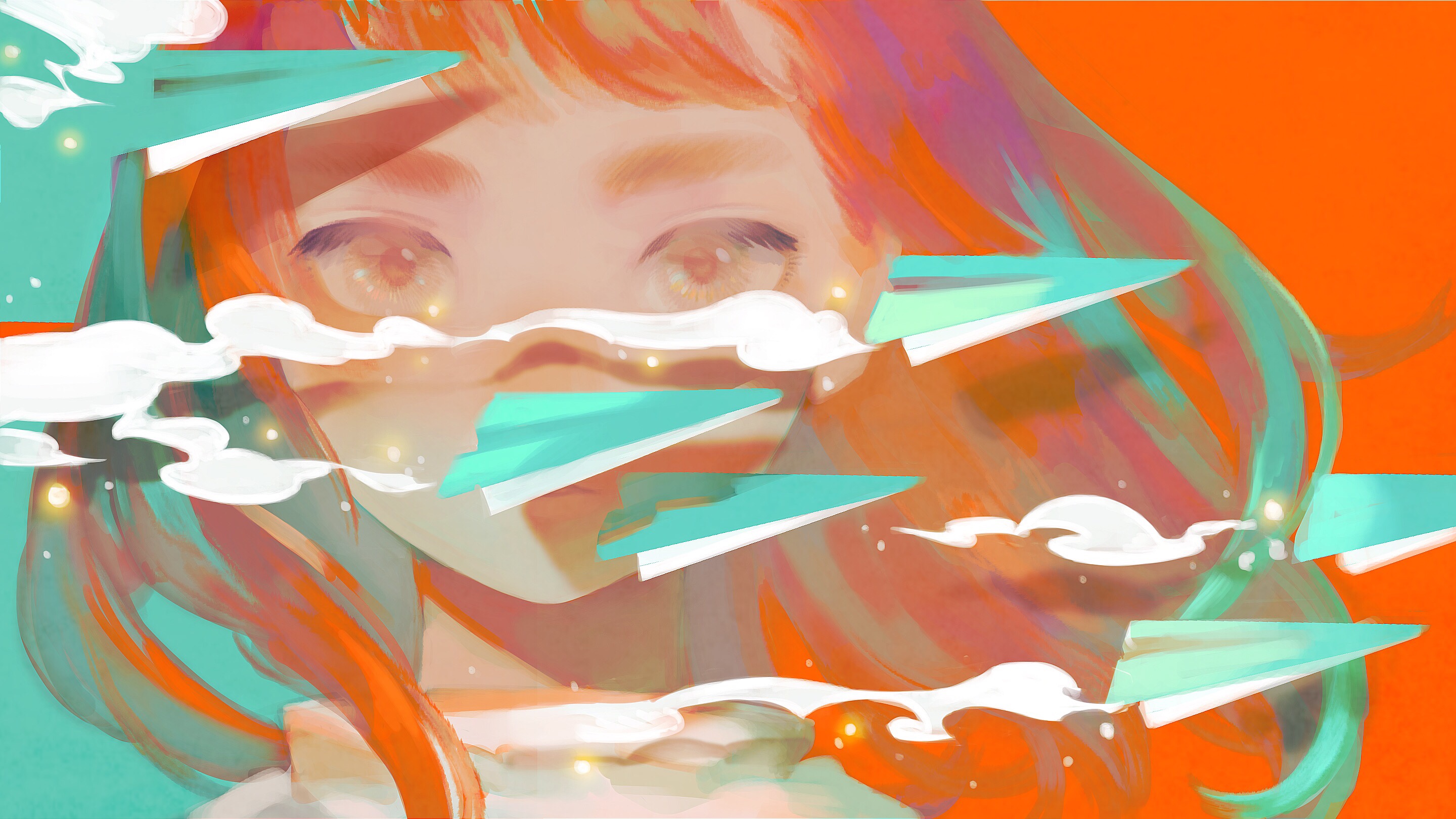 Anime 2880x1620 anime anime girls paper planes long hair redhead multi-colored hair smoke long eyelashes orange background