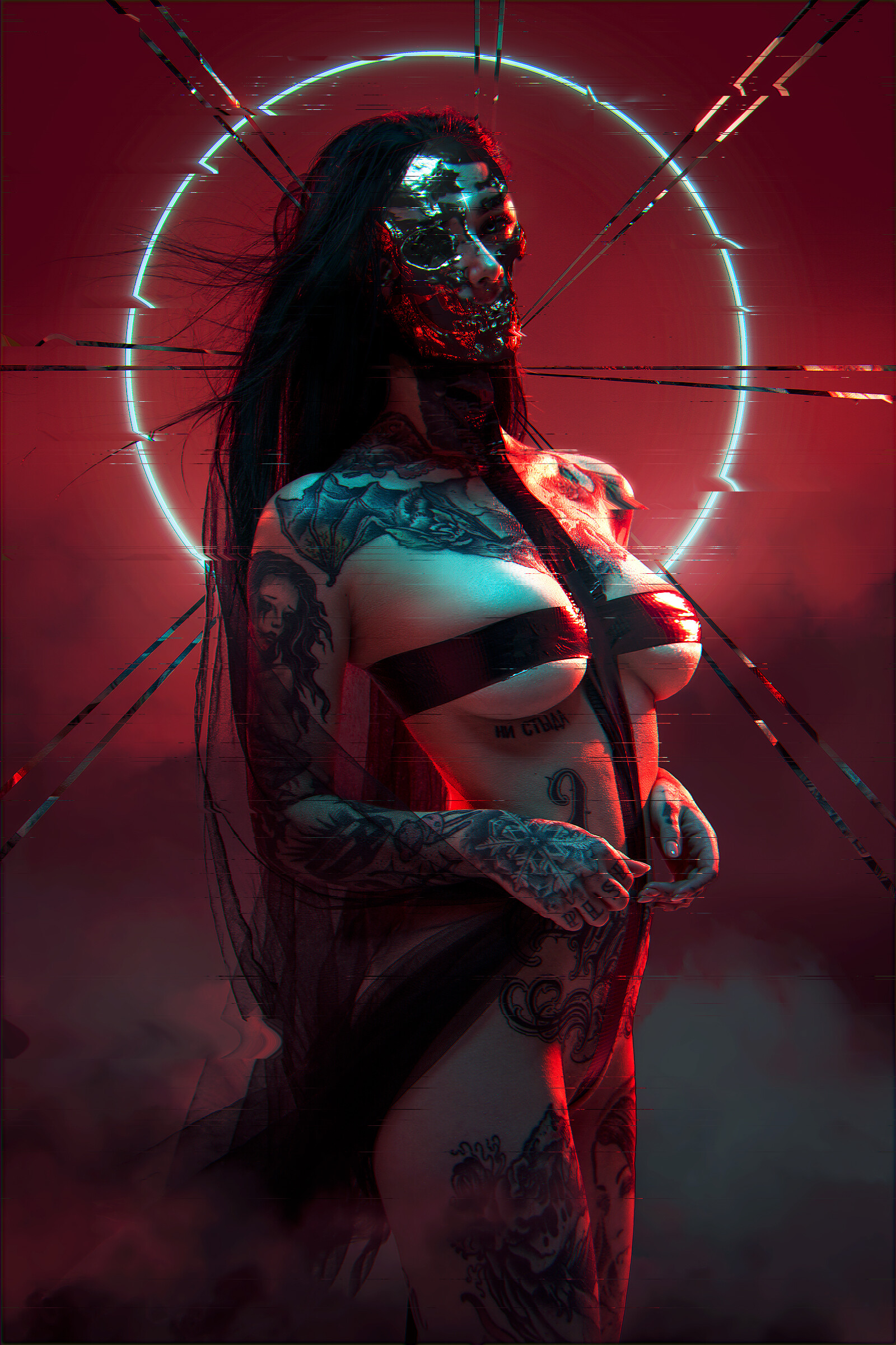 General 1600x2400 artwork women boobs digital art red background skull tattoo cyberpunk taped nipples Anna Batman Akunohako