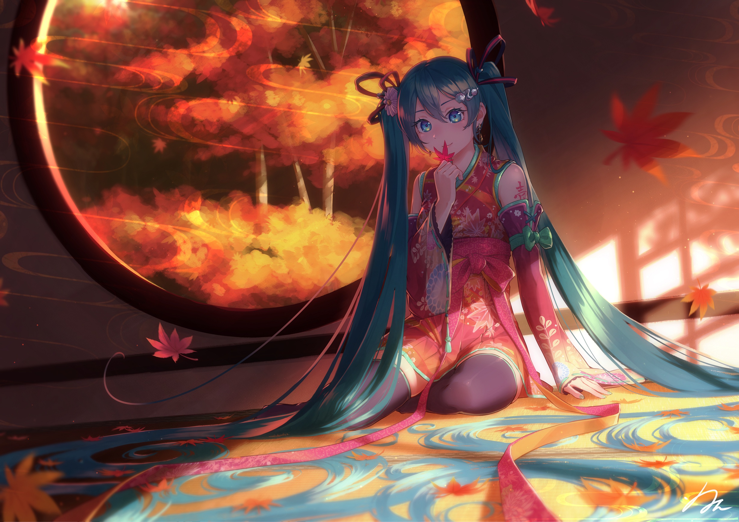 Anime 2456x1736 anime anime girls long hair fantasy art fantasy girl blue hair blue eyes looking at viewer leaves dress red dress twintails flower in hair colorful Hatsune Miku Vocaloid Japanese clothes tattoo