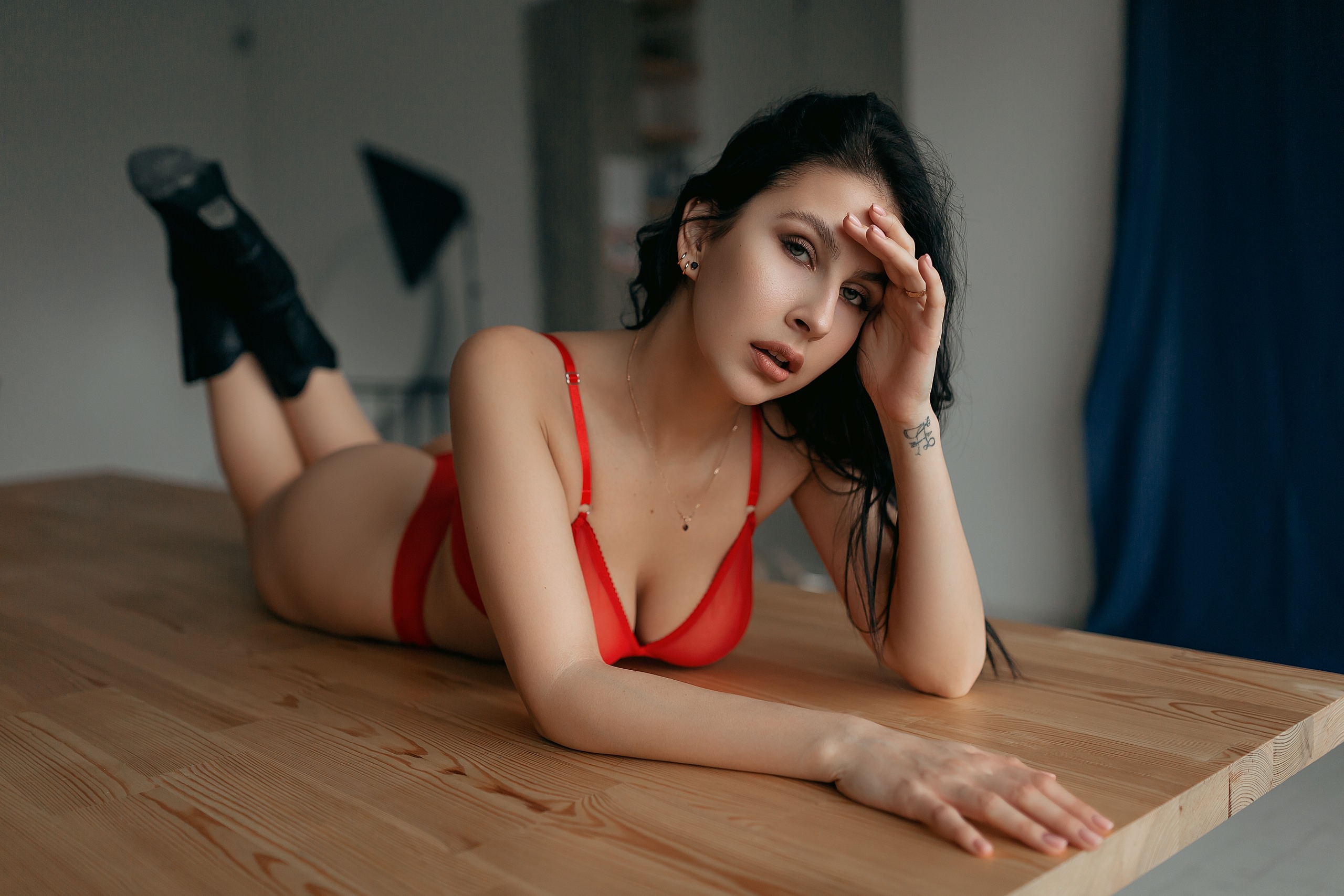 People 2560x1707 women red lingerie women indoors tattoo knee-high boots ass necklace cleavage table