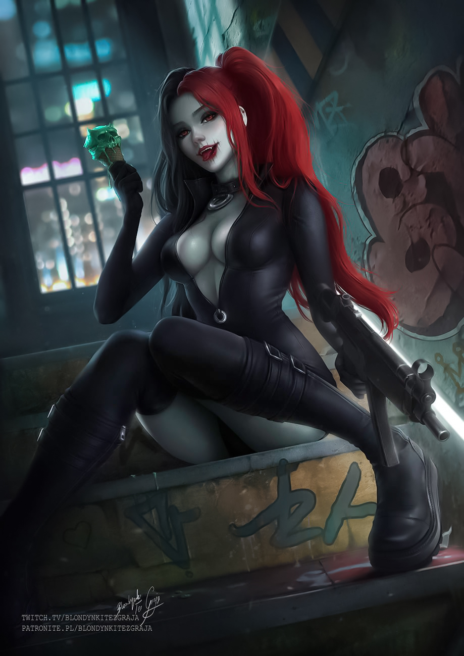 General 919x1299 Blondynki Tez Graja drawing women redhead twintails bodysuit cleavage black clothing zombies stairs ice cream graffiti tongue out portrait display digital art