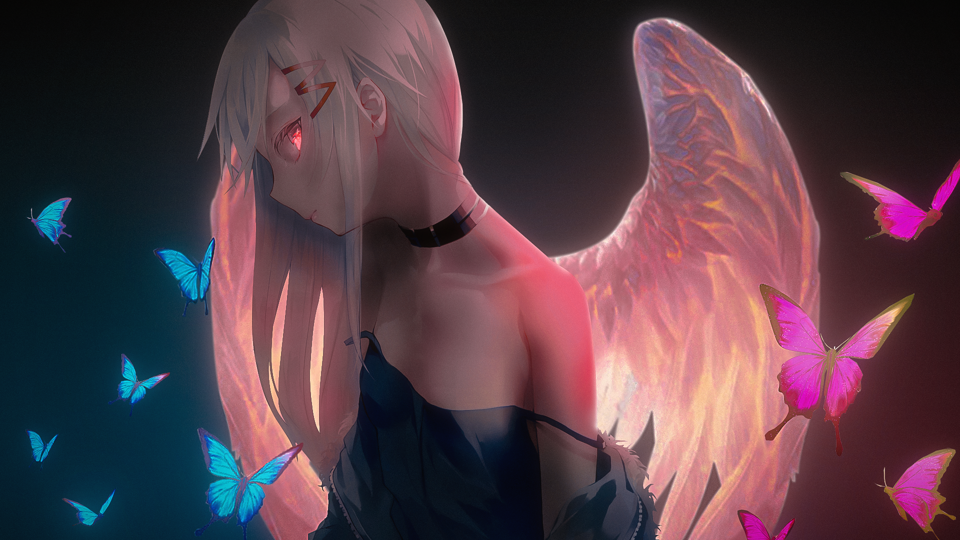 Anime 1920x1080 anime girls color correction butterfly wings bare shoulders white hair pink eyes