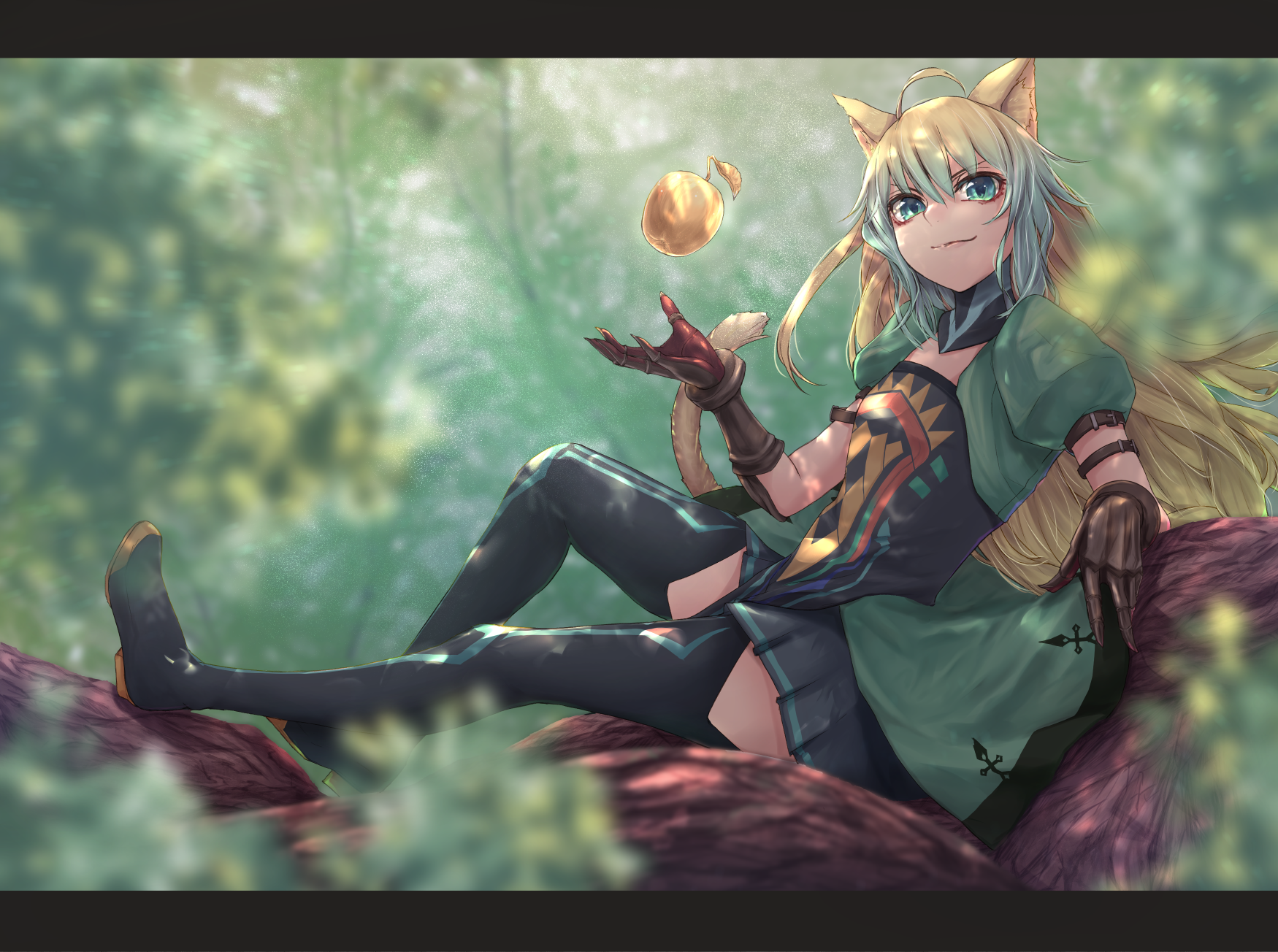 Anime 1750x1304 Fate/Apocrypha  Fate series green dress gradient hair small boobs thighs 2D anime girls apples female warrior sitting women outdoors forest thigh high boots black boots green eyes gauntlets cat girl two tone hair looking at viewer long hair portrait display bangs hair in face anime curvy claws ahoge fan art Fate/Grand Order Plasticlivido Atalanta (Fate/Grand Order)