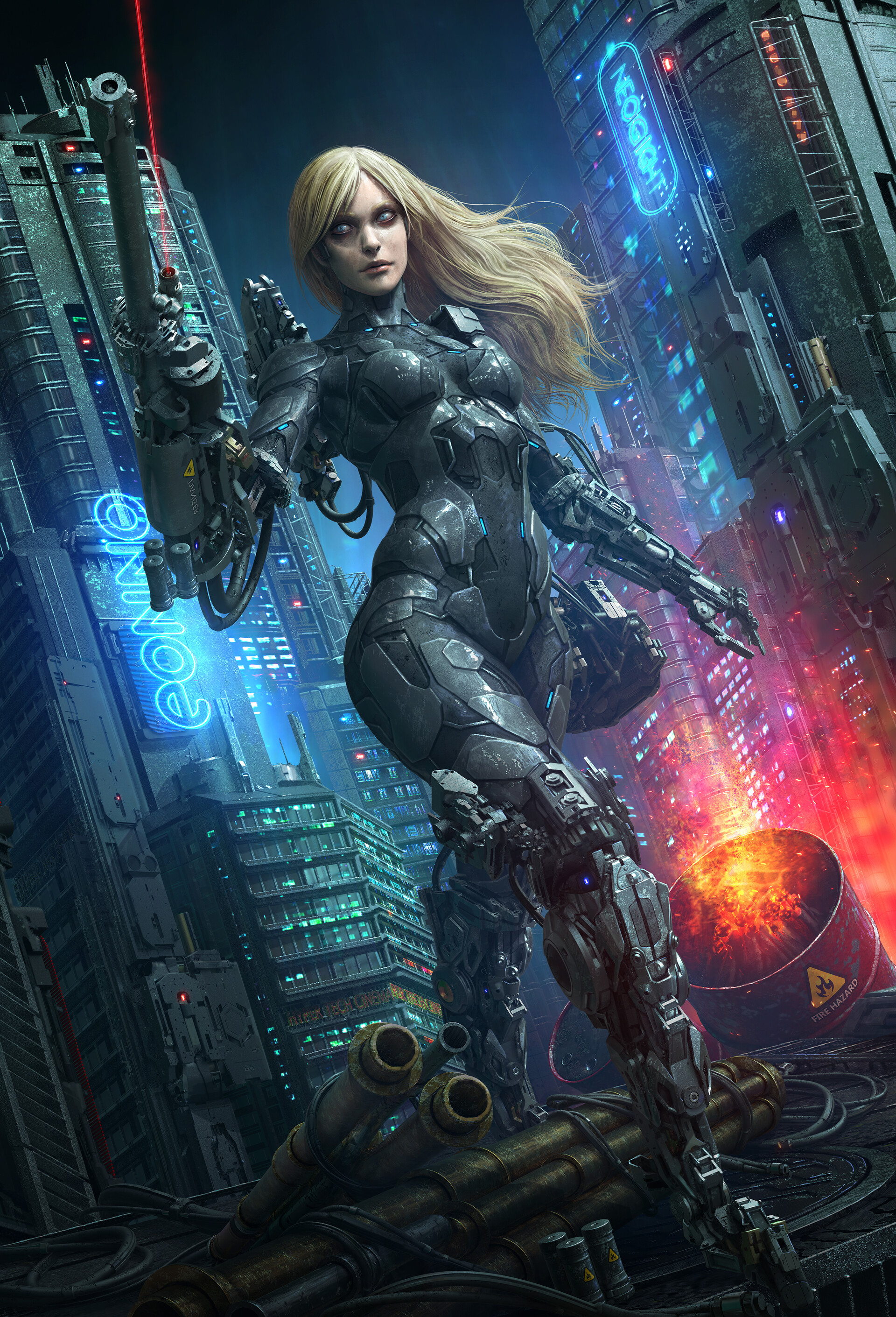 General 1920x2821 science fiction artwork cyborg ArtStation futuristic blonde futuristic city weapon long hair Tek Tan