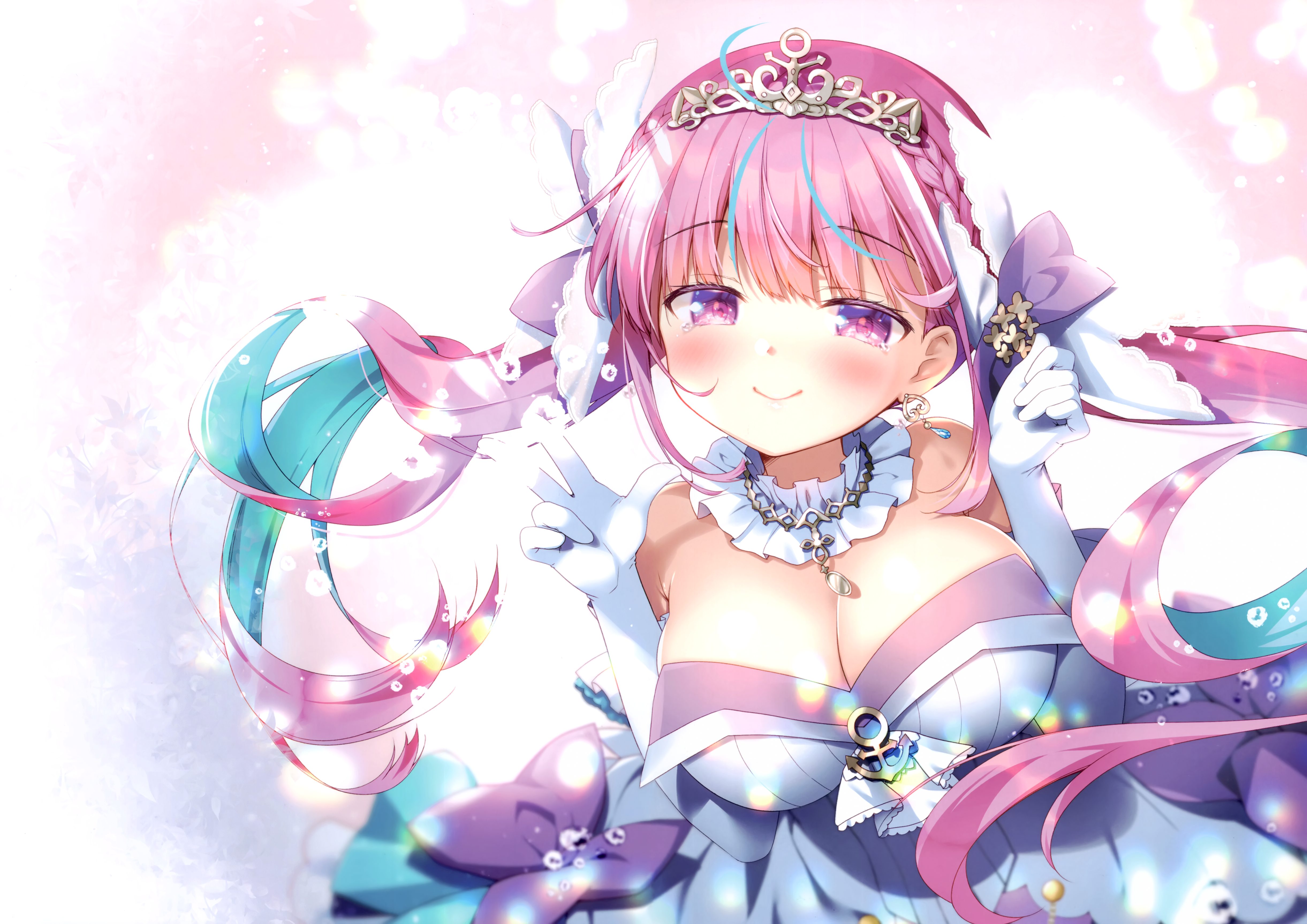 Anime 4883x3452 Minato Aqua Hololive pink hair pink eyes smiling bare shoulders dress twintails blushing tears cleavage anime girls blunt bangs Sasai Saji big boobs low neckline looking at viewer elbow gloves two tone hair huge breasts