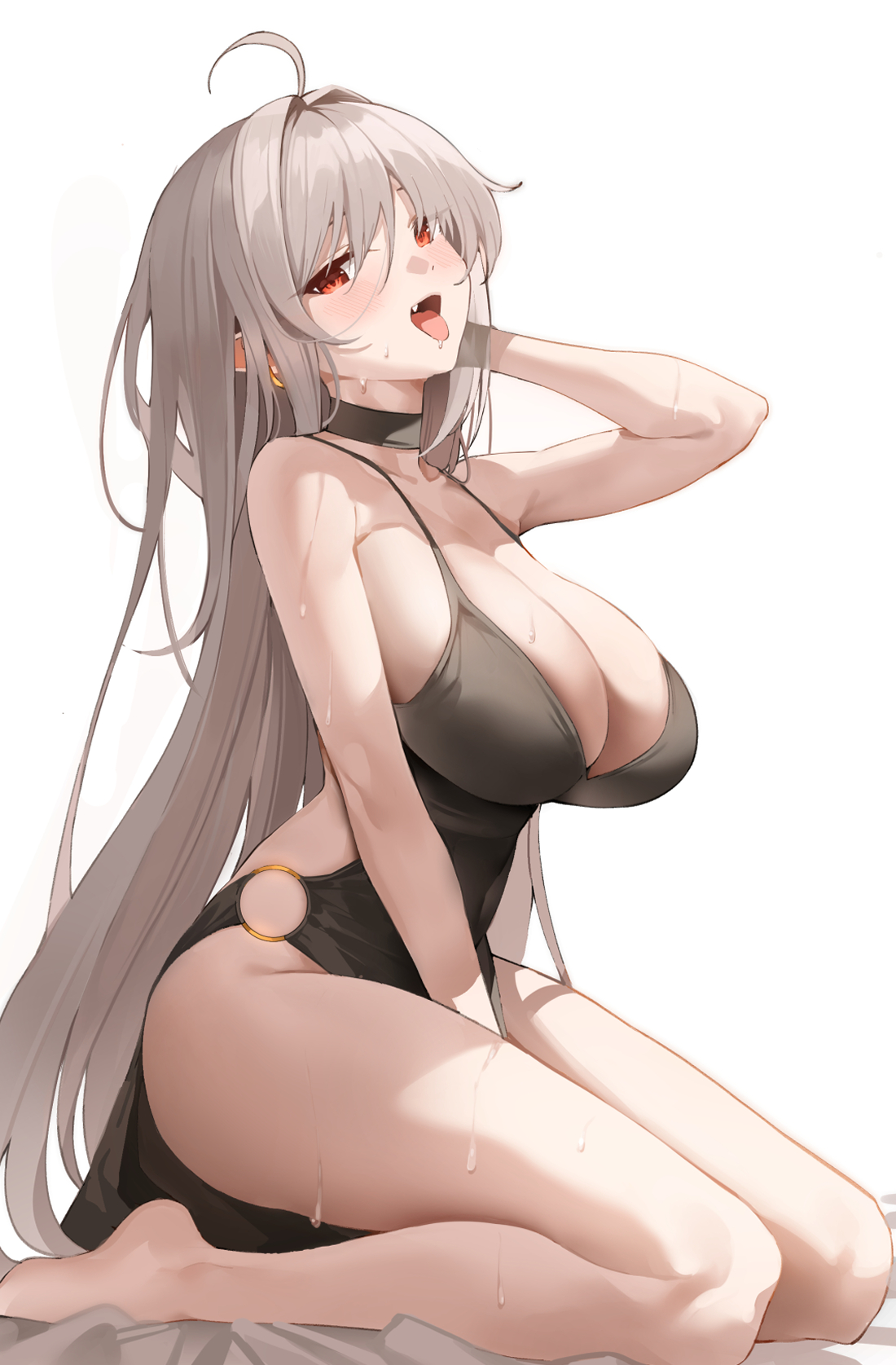 Anime 1100x1675 anime anime girls digital art artwork 2D portrait display cleavage big boobs silver hair red eyes open mouth tongue out blushing looking at viewer pointy ears long hair dress sweat sweaty body huge breasts thighs kneeling one arm up white background no bra low neckline skinny hand(s) between legs bent legs collar hands on head saliva K pring choker