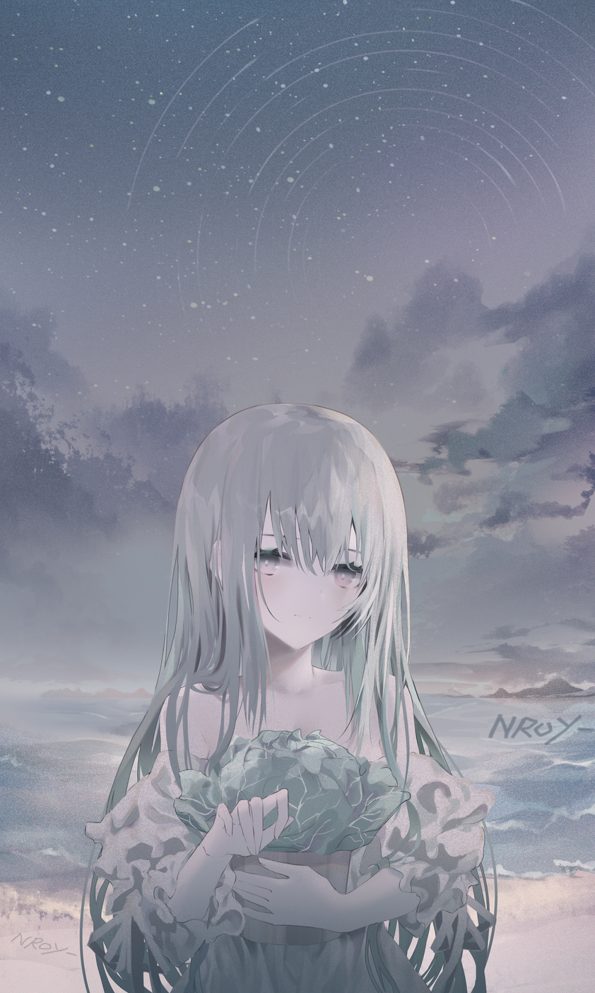 Anime 842x1404 Nroy- anime girls portrait display silver hair original characters sky looking at viewer women outdoors outdoors Pixiv beach