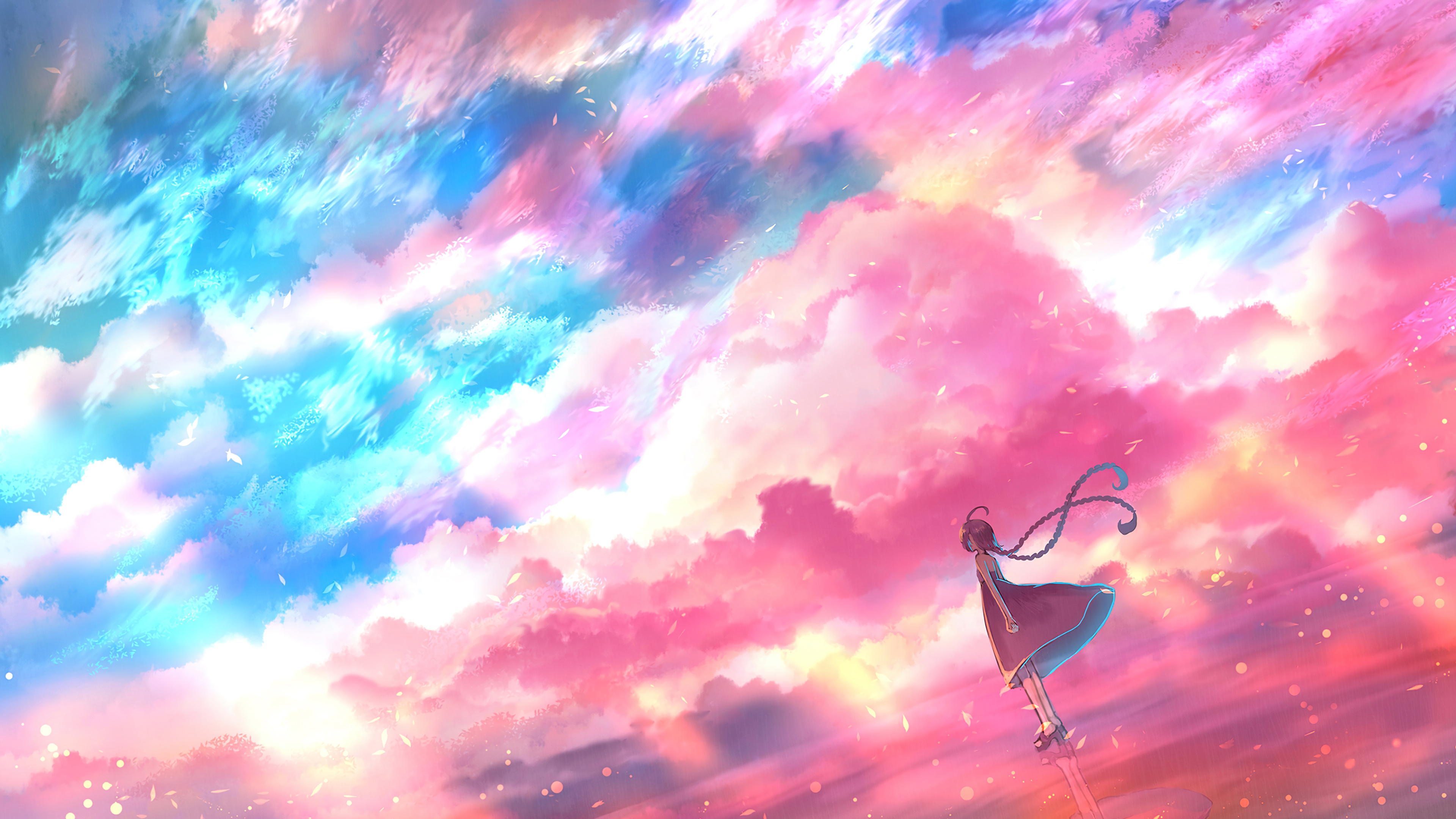 Anime 3840x2160 sky clouds twintails braids dress Bou Nin colorful pink