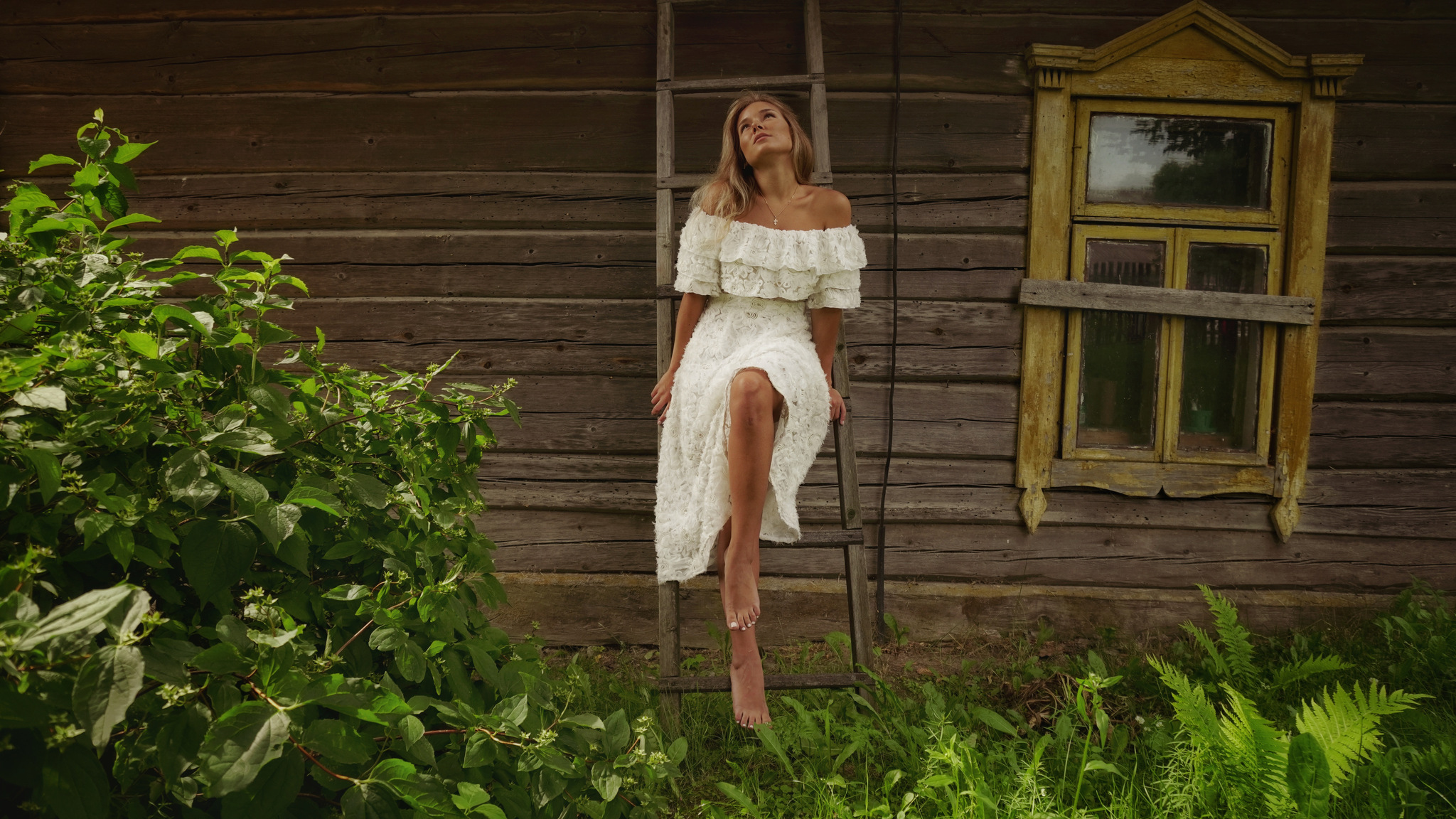 People 2048x1152 women women outdoors outdoors blonde white dress bare shoulders barefoot ladder pointed toes