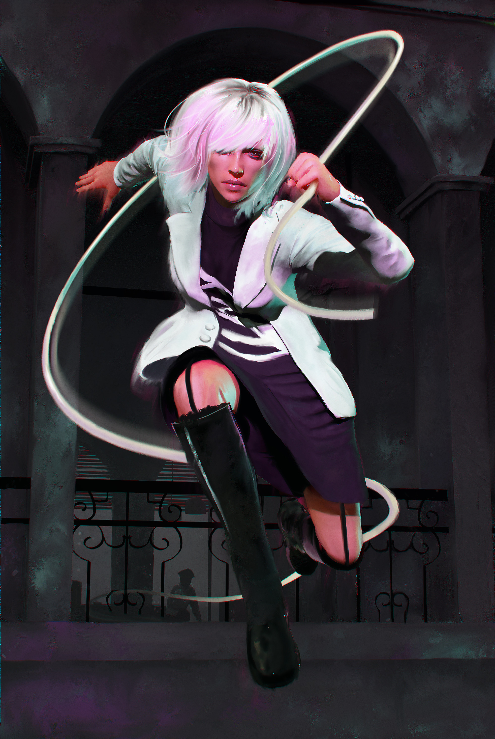 General 1964x2929 Torben Weit Atomic Blonde (Movie) black clothing white coat white clothing long boots black boots coats boots fan art looking at viewer blonde short hair portrait display knees ropes flying digital painting digital art Lorraine Broughton hair   artwork Charlize Theron closed mouth ArtStation