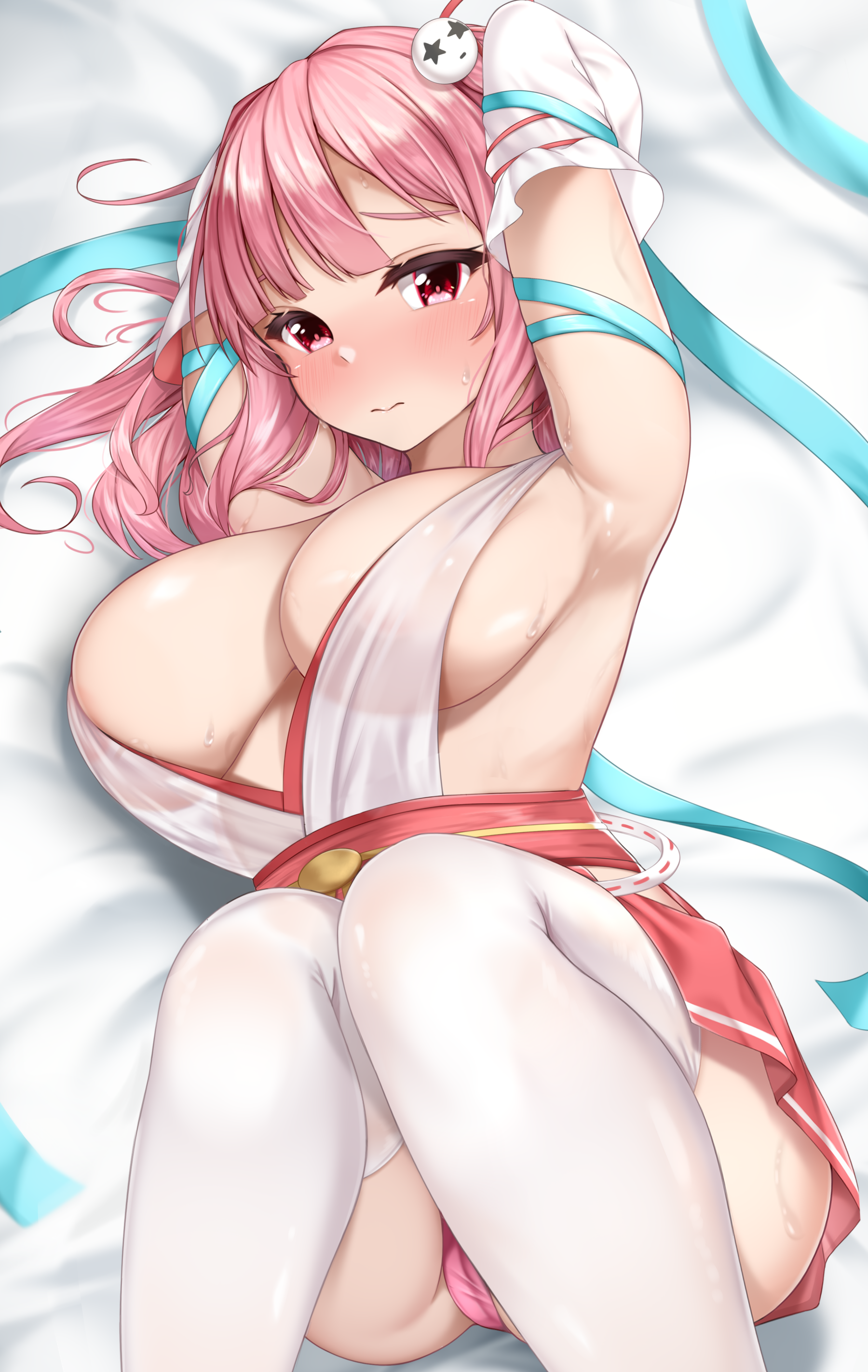 Anime 1800x2844 anime girls boobs big boobs looking at viewer panties blushing Honoka (Dead or Alive) Dead or Alive no bra arms up Lomocya huge breasts pink hair portrait display red eyes miko thigh-highs armpits lying on back lying down stockings skirt frills bangs hair ornament bent legs