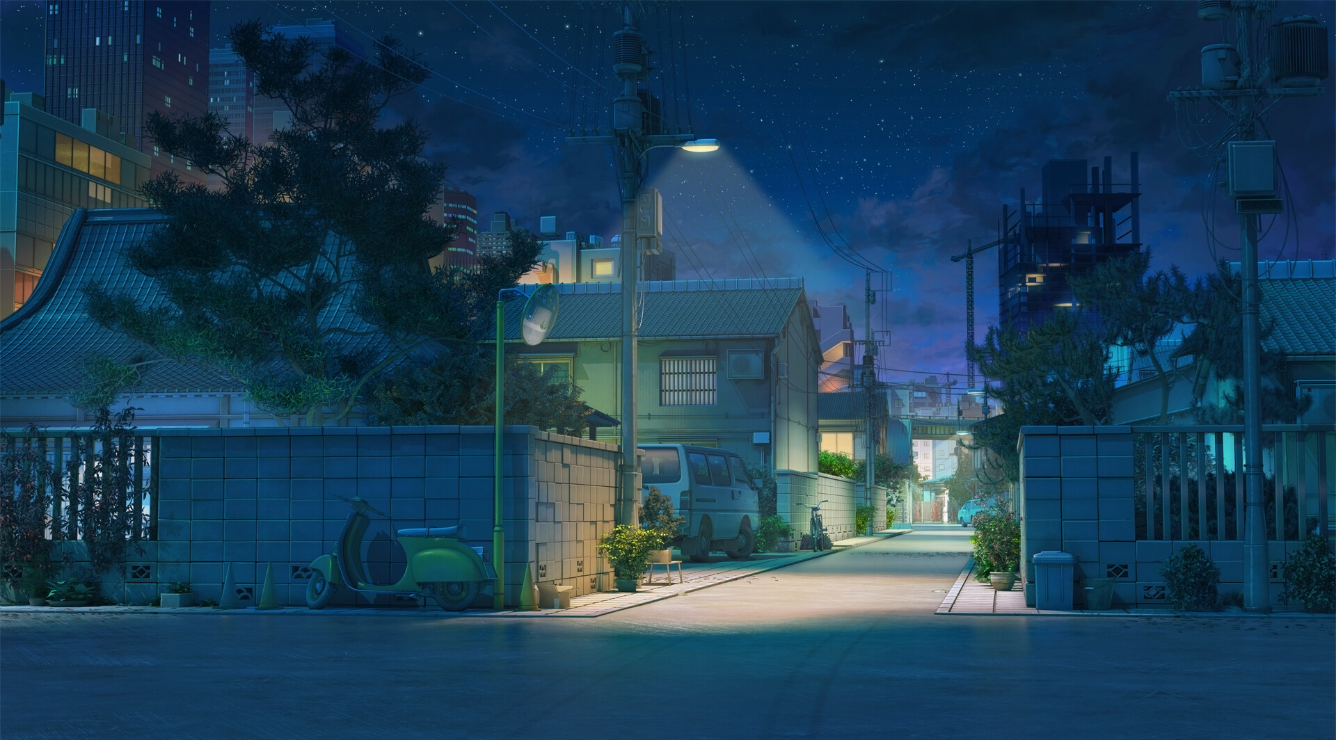 Anime 1920x1064 clouds street night house trees sky plants street light Japan