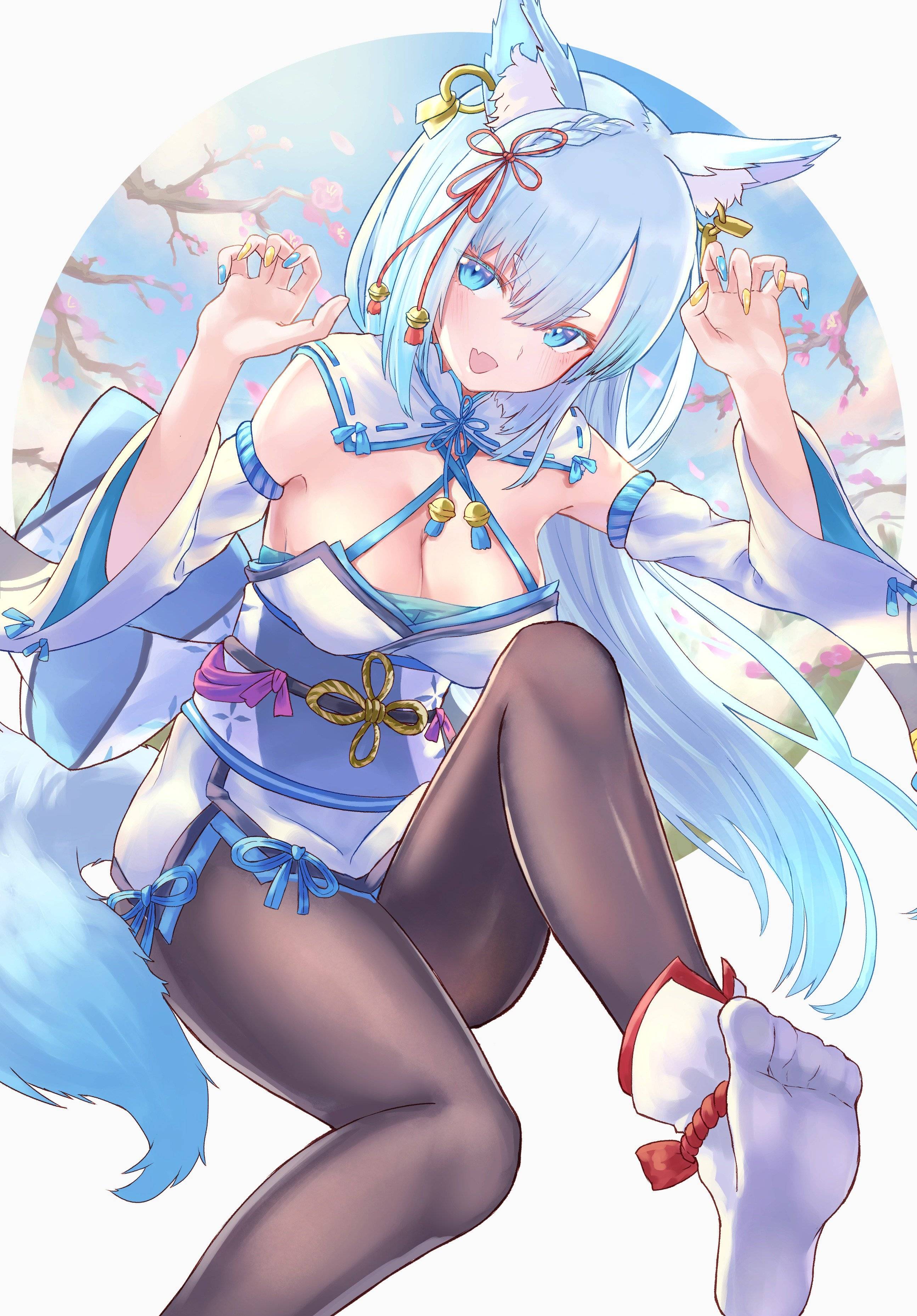 Anime 2589x3715 pantyhose anime girls anime Japanese clothes blue hair blue eyes animal ears tail fox girl cleavage G0rE