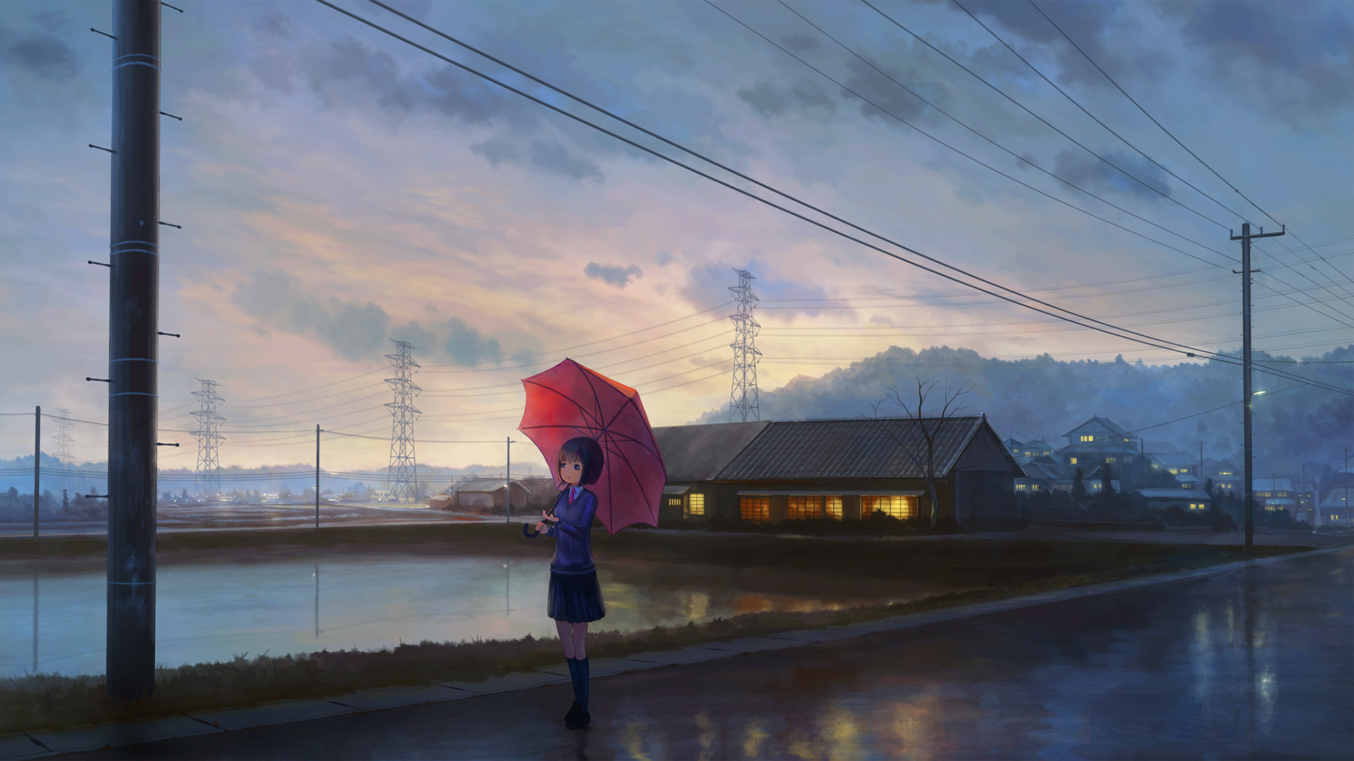 Anime 1920x1080 anime girls school uniform umbrella sky clouds moescape