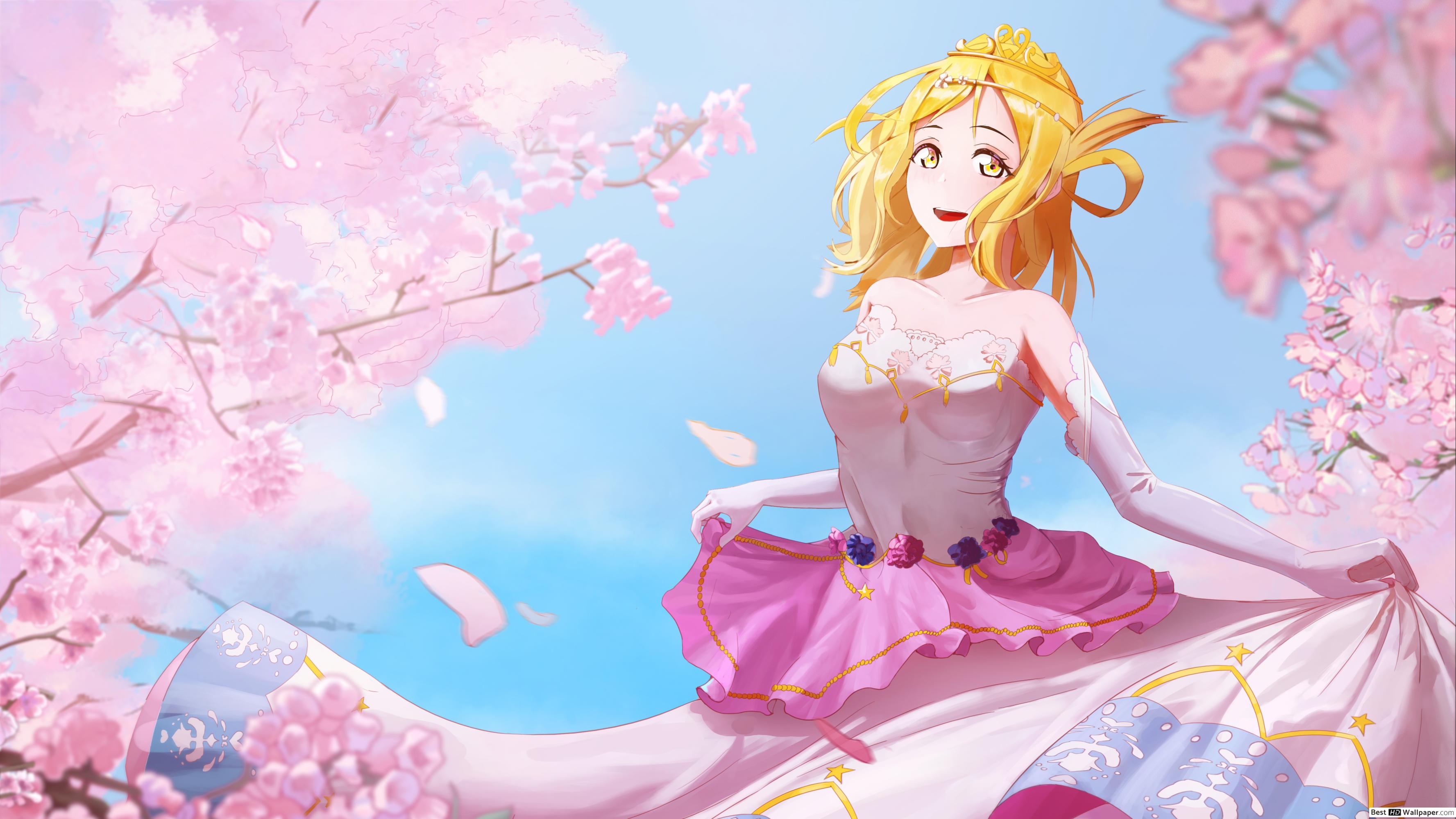 Anime 3554x1999 Ohara Mari fantasy art fantasy girl blonde yellow eyes cherry blossom dress pink dress Love Live!