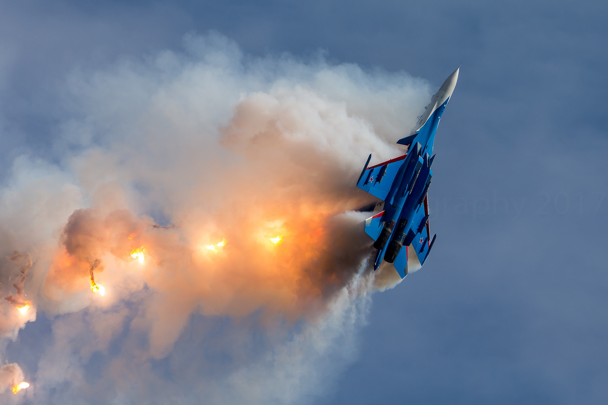 General 2048x1366 fire military aircraft aircraft vehicle military vehicle burning jet fighter Sukhoi Su-30 Russian Air Force Russian Knights flares watermarked Russian/Soviet aircraft Sukhoi