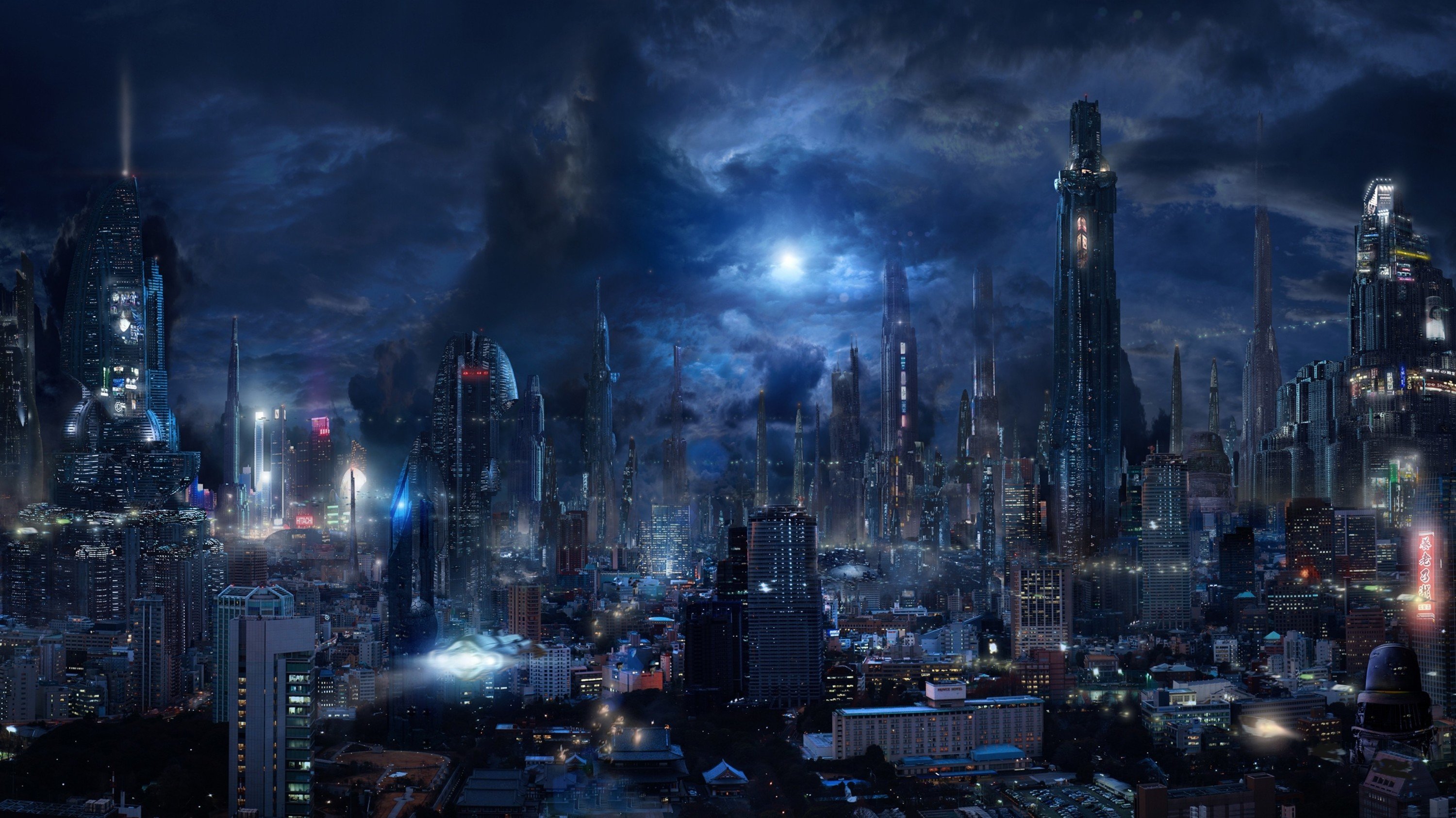 General 3000x1687 futuristic city moonlight clouds night building Blade Runner low light digital art