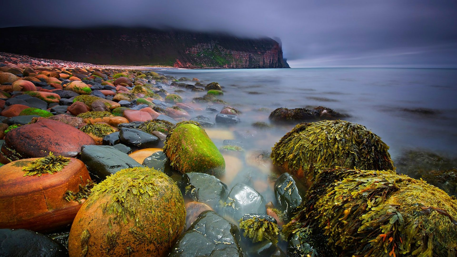 General 1920x1080 landscape stones Scotland beach clouds island cliff river water seaweed sea nature