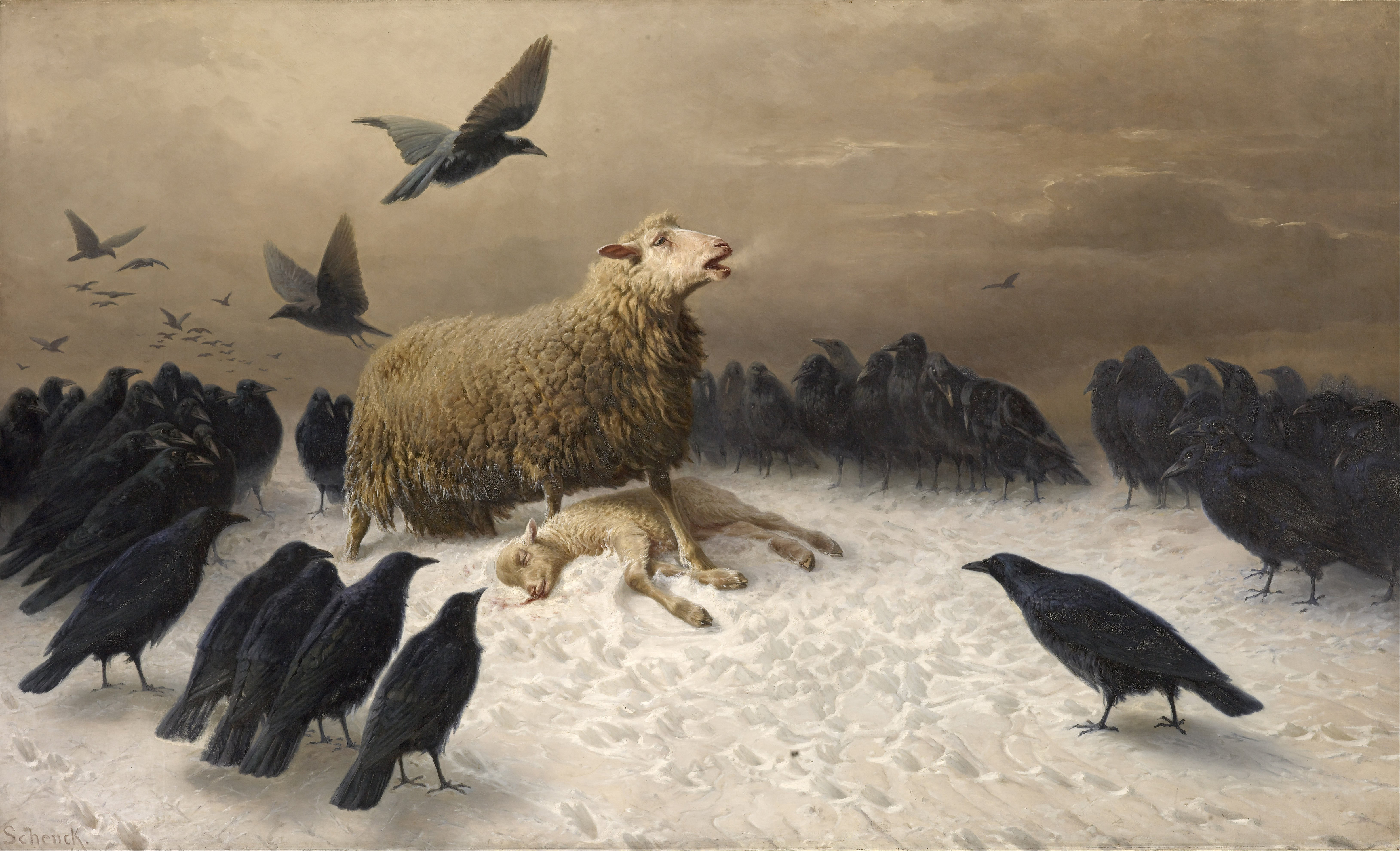 General 4936x3000 classical art classic art sheep crow Anguish August Friedrich Albrecht Schenck 1878 snow death winter Ewe lamb